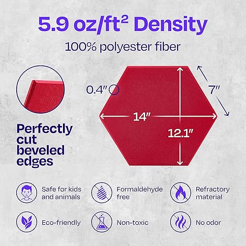 Miniatura 6 de Ekkogo - Paneles insonorizantes de alta densidad para pared, forma hexagonal, paquete de 12 unidades de 14" x 12.1" x 0.4", color rojo caramelo