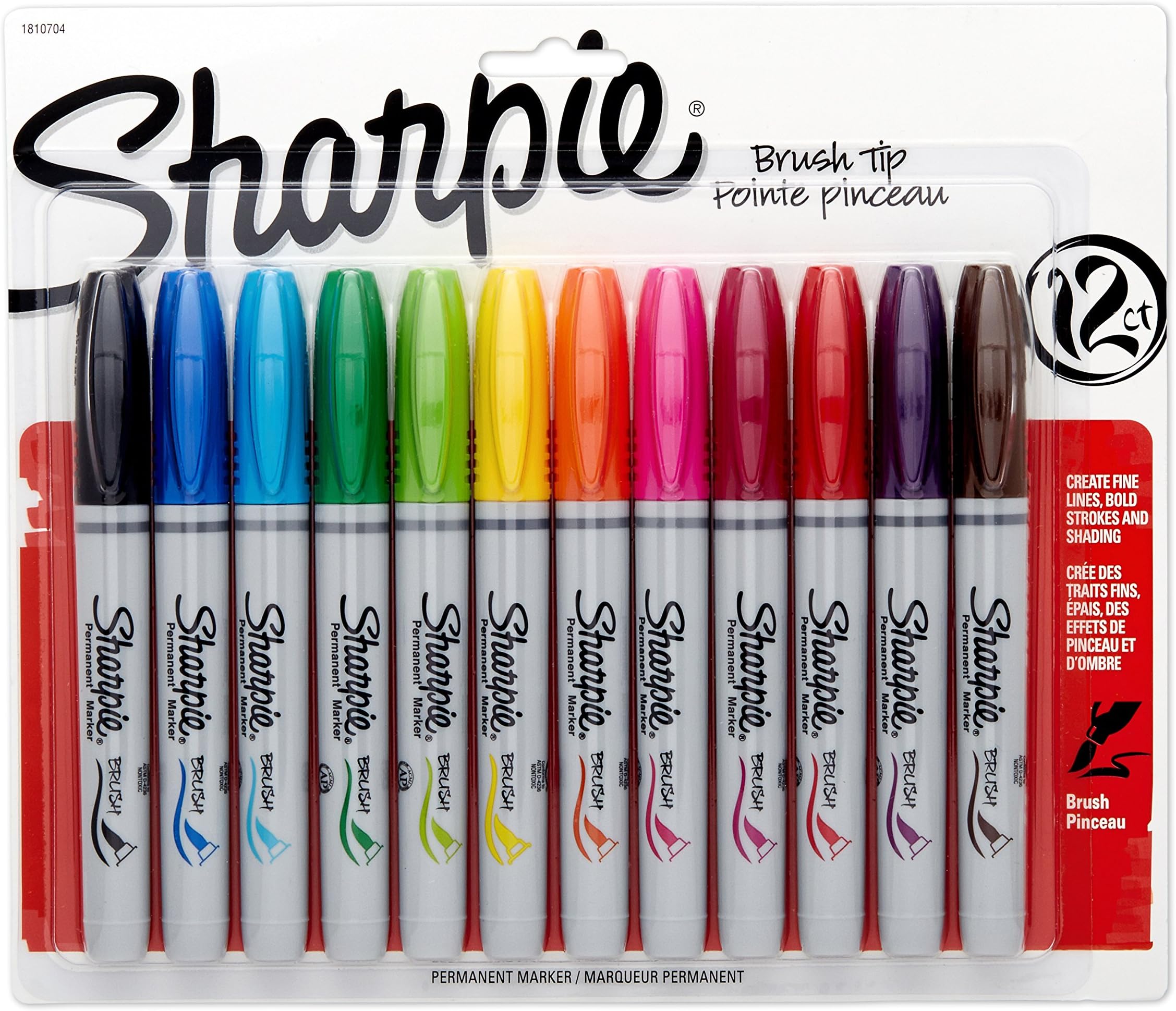 Sharpie Permanent Markers, Brush Tip, Assorted, 12 Pack