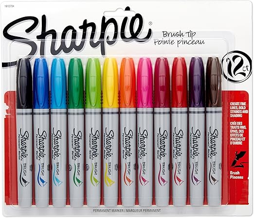 SHARPIE Permanent Markers, Brush Tip, Assorted, 12 Pack