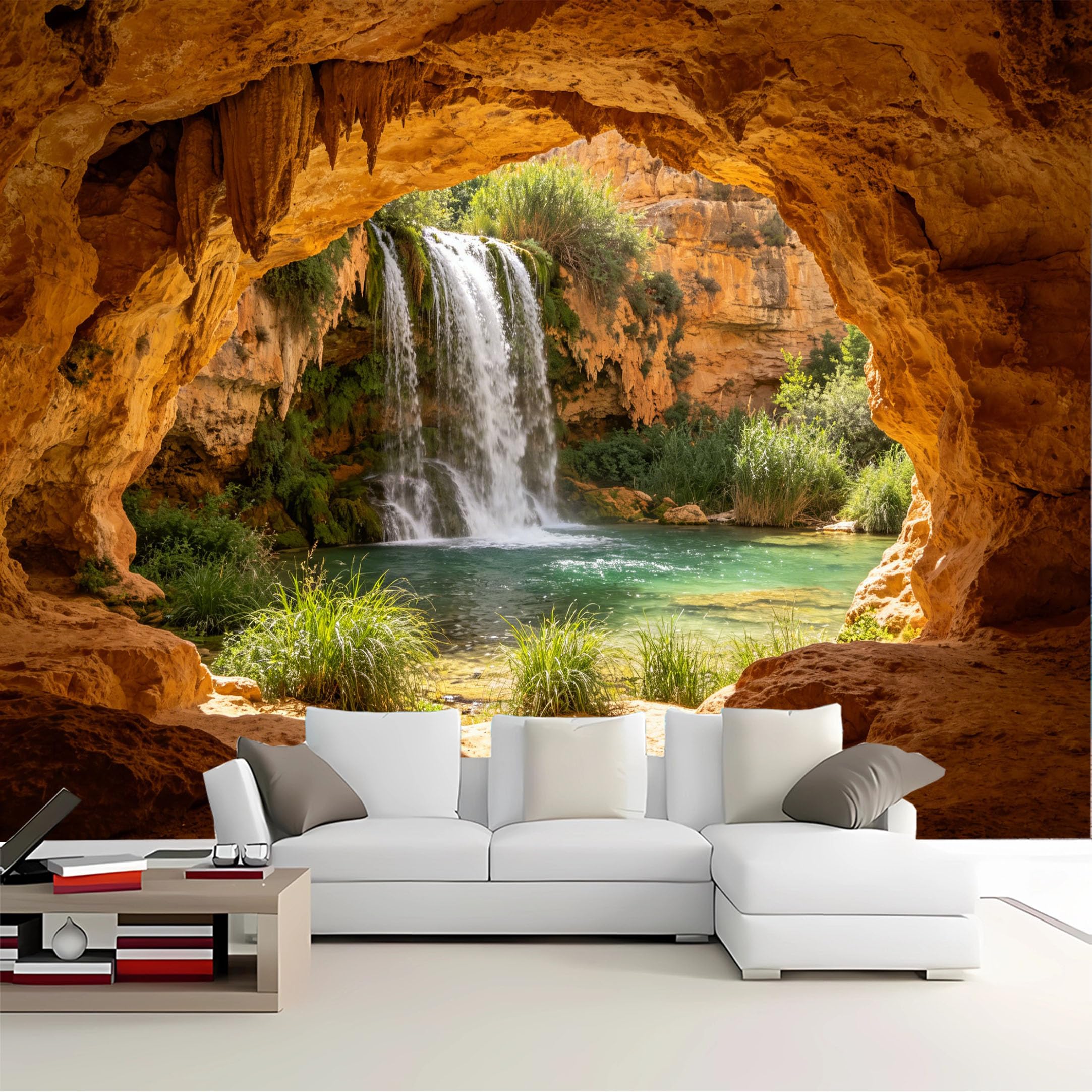 Custom Size Wall Mural Cave View Waterfall Removable Self Adhesive Peel and Stick Wallpaper for Bedroom Living Room Dining Room