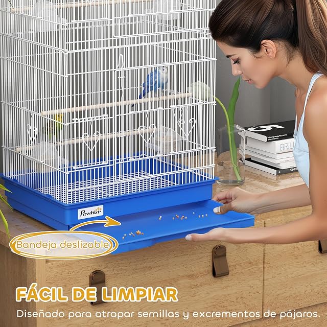 Foto 4 de 8 de PawHut Jaula para Pájaros con Puertas 4 Comederos 46,5x35,5x92 cm Azul