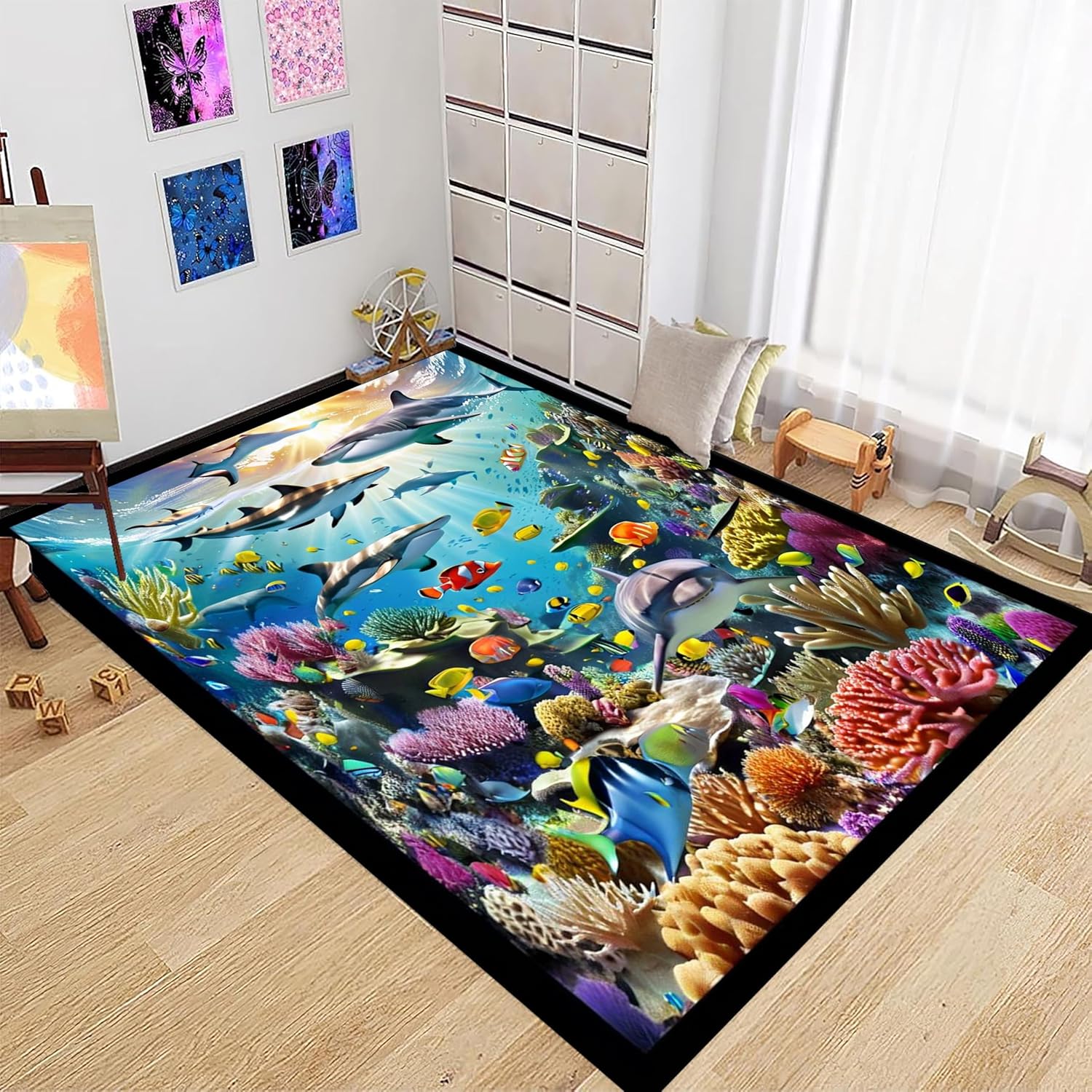 3D Colorful Ocean Area Rug，4x6ft,Coastal Nautical Rug for Bedroom Living Room, Coral Whale Dolphin Marine Life Rug，Washable Beach Rug ，for Kids Boys Girls Bedroom Ocean Room Decor Rug.