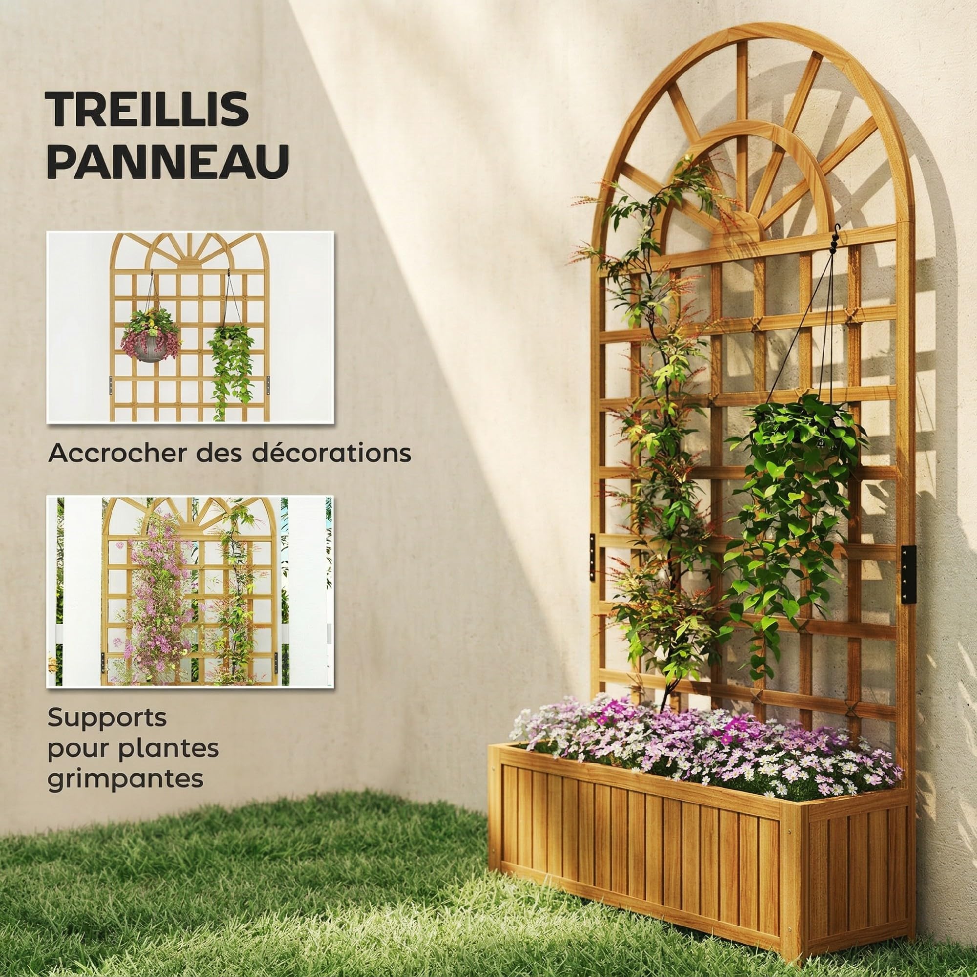 Outsunny Jardinière avec treillis, lit surélevé bac à fleurs pour plantes grimpantes et légumes, bois massif, avec trous de drainage, usage intérieur et extérieur, 90 x 30 x 180 cm, effet bois naturel