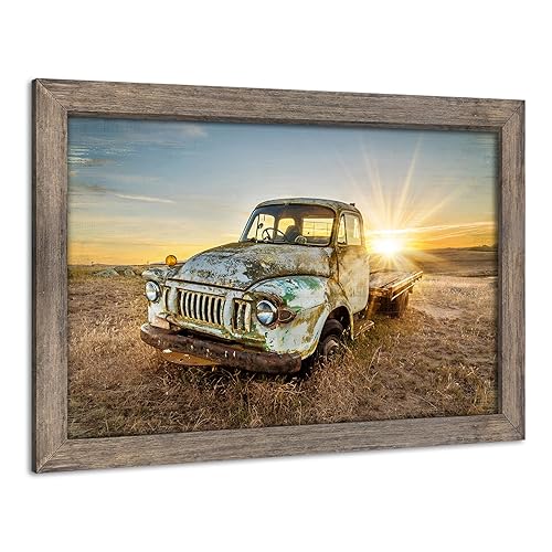 Farm Vehicle Framed Wall Art: Vintage Truck Picture Sunset Landscape