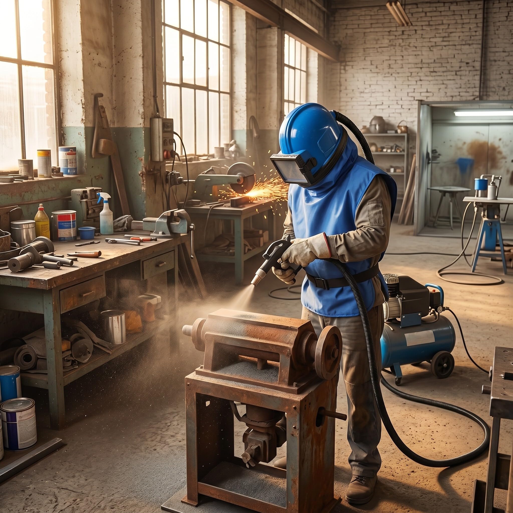 Casco Sabbiatura Professionale con Lenti Regolabili Doppio Strato Flusso Aria per Pittura Taglio Pulizia