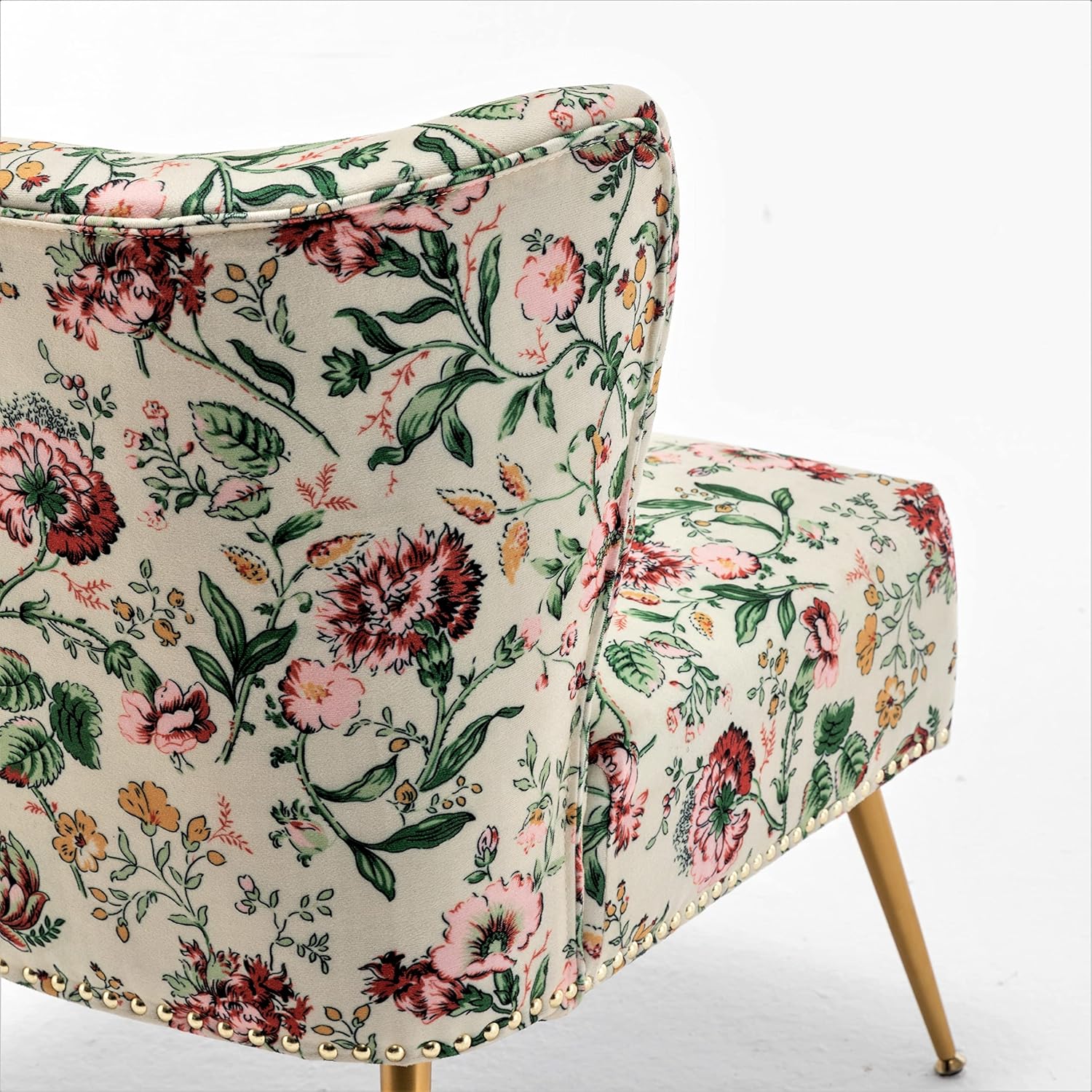 Thia Armless Accent Chair for Living Room, Elegant Seat with Nailhead Trim, Gold Metal Legs and Comfortable Curved Back, 28" D x 25" W x 29.5" H, 03 Floral Print