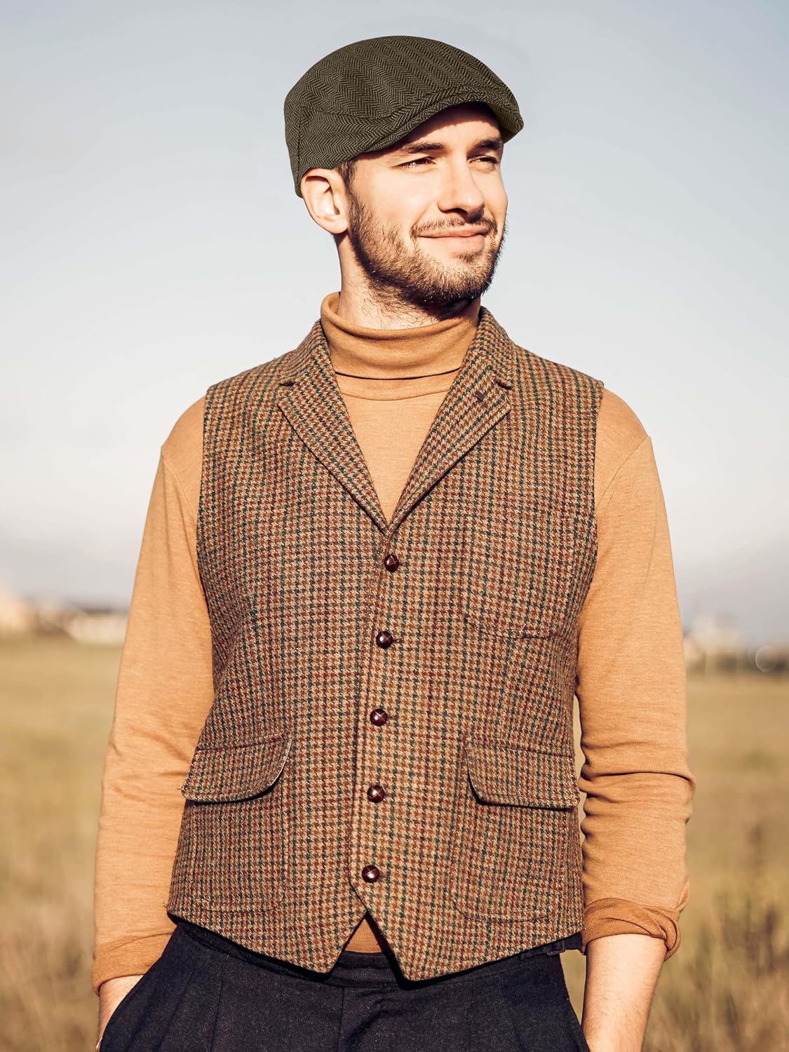 4 Pieces Men's Herringbone Flat Newsboy Hat Classic Newsboy Cap Trendy Flat Cap for Outdoor Daily Use