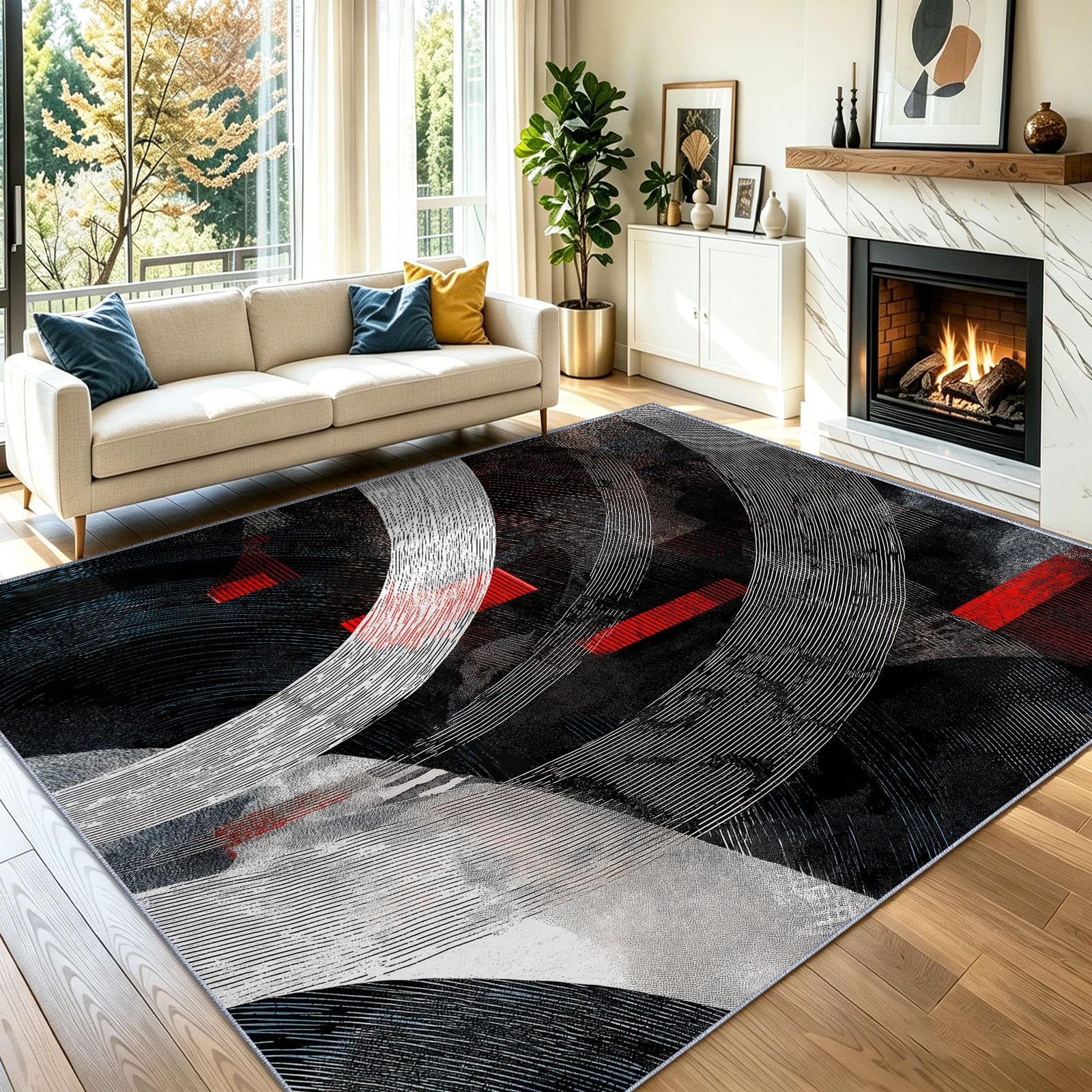 Konzentrische Bögen Gewebte Textur Kinderzimmer Teppich, Modern Abstrakt Stil, Deko-Teppiche für Wohnzimmer Esszimmer Schlafzimmer Küche, 80 x 150 cm Schwarz Grau