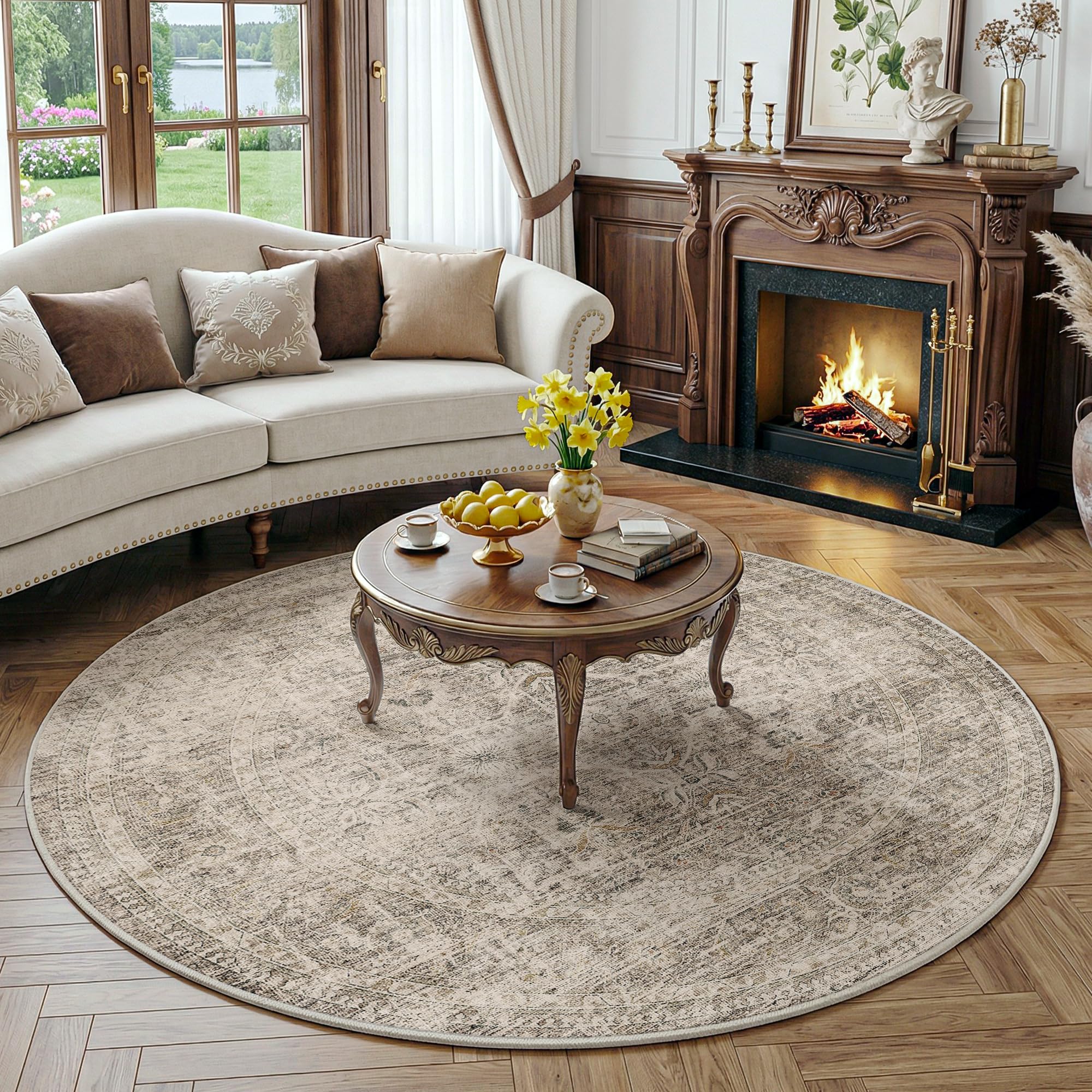 FMFUNCTEX 6ft Round Washable Taupe Vintage Large Area Rug for Living Room