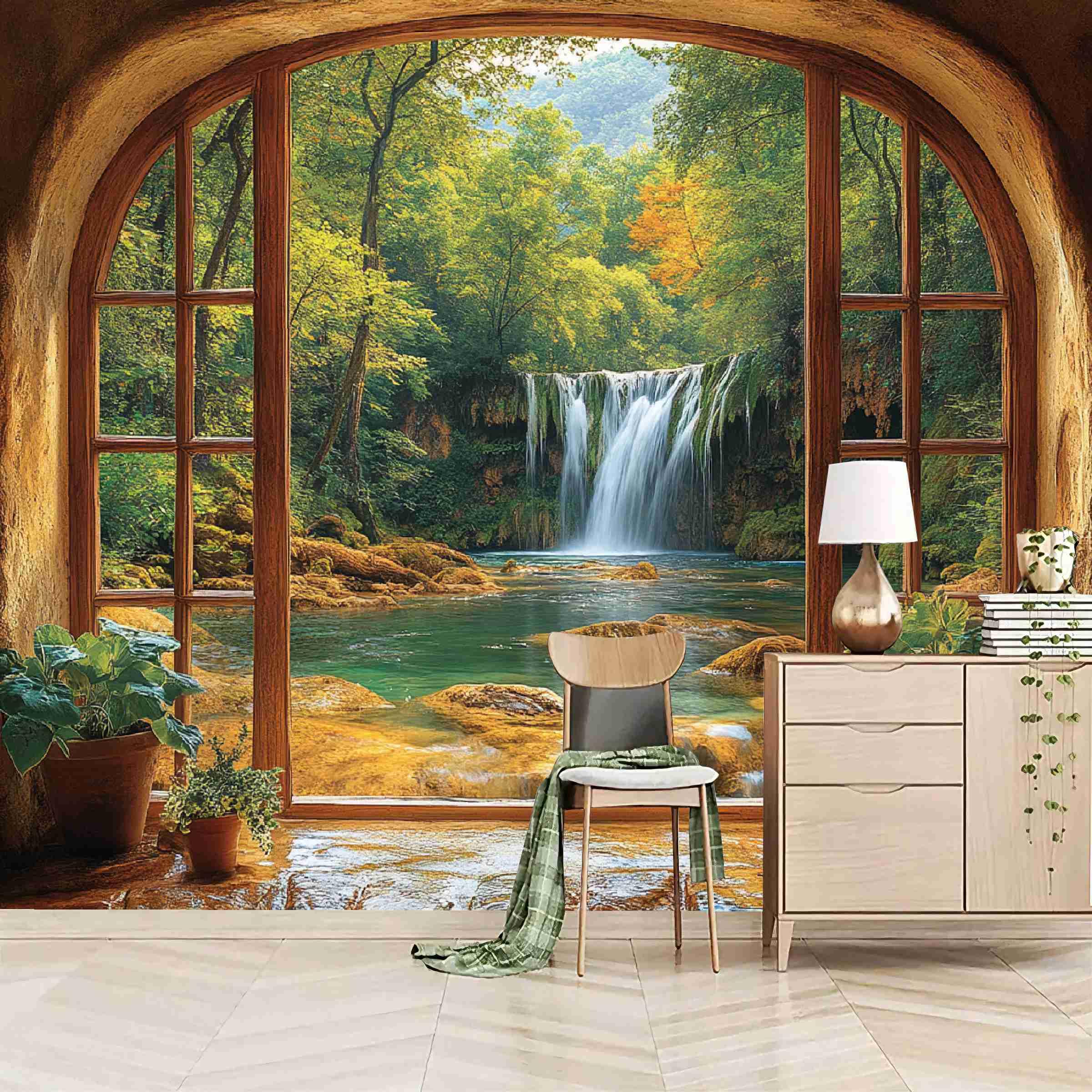Foto Mural Ventana Paisaje Bosque Cascada Fotomural, Murales Decorativos Pared, Fotomurales 3D Papel Tapiz Fotográfico Mate‌ Papel Pintado Pared Dormitorio Para Salon Habitación infantil 350x256 cm