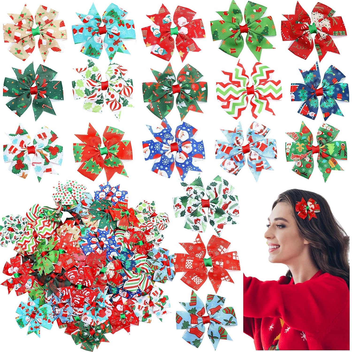 Ceenna 60 Pcs Christmas Hair Bows Clips Colorful Alligator Christmas Bow Hair Accessories Buffalo Plaid Xmas Boutique Clips Snowflake Santa Claus Bowknot Snowman Tree Hairpins Barrette for Women
