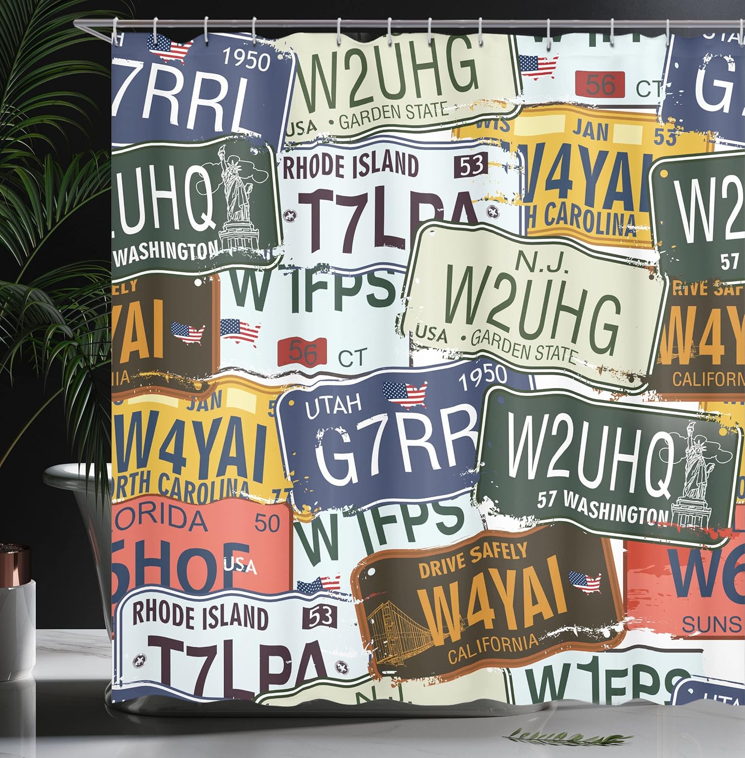 Ambesonne Vintage Shower Curtain, Original Retro Style License Plates Personalized Creative Travel Vacation, Cloth Fabric Bathroom Decor Set with Hooks, 69" W x 75" L, Green Blue Yellow