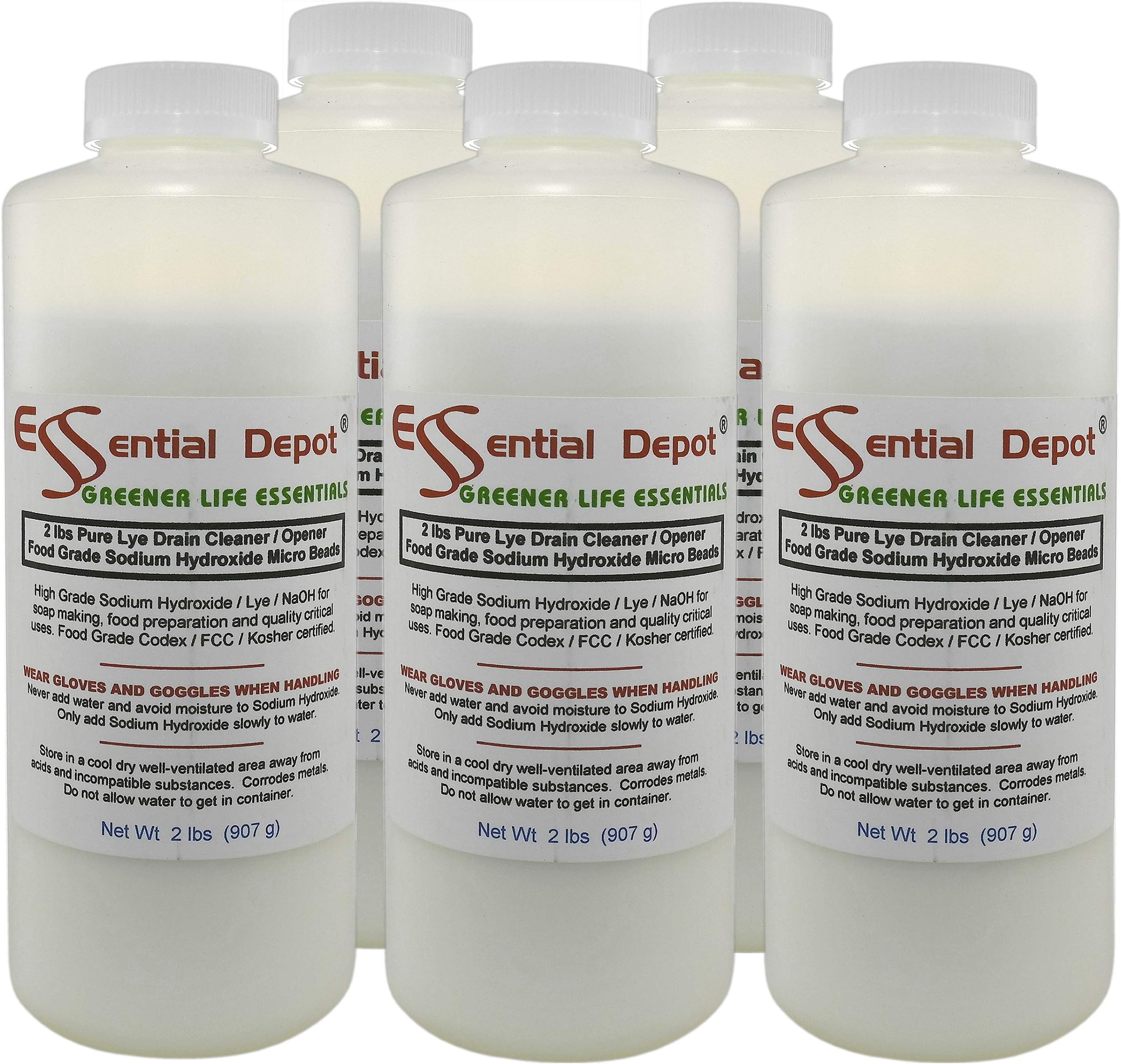 10 lbs Food Grade Sodium Hydroxide Lye Evenly-Sized Micro Pels (Beads or Particles) - 5 x 2lb Bottles - Lye Drain Cleaner (U.S, Alaska, Hawaii, Puerto Rico, Territories, APO/FPO)