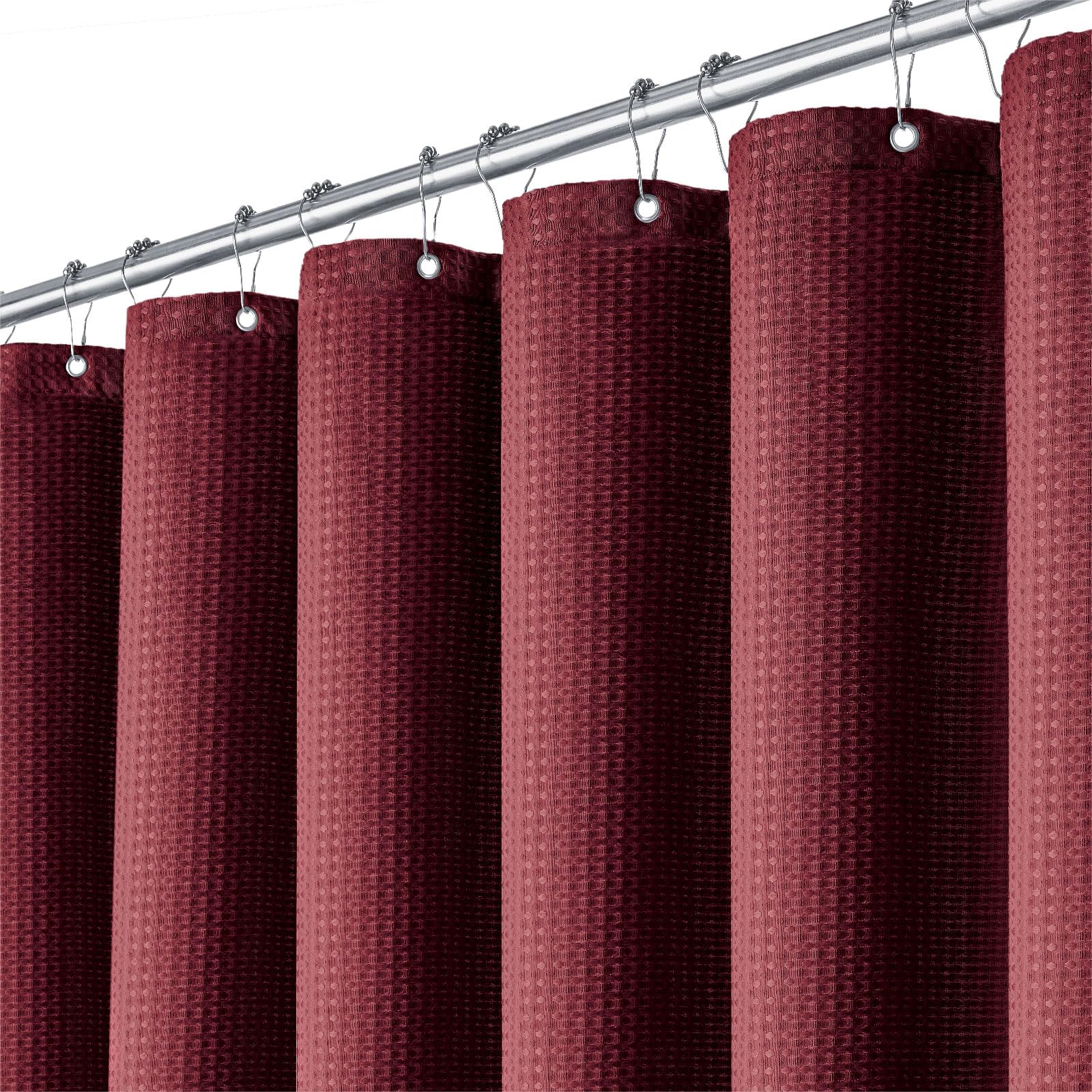 BTTN 182 x 200cm Drop Long Red Waffle Shower Curtain, Extra Long Mould Proof Resistant Heavy Duty Fabric Wet room Shower Curtains, Weighted Cloth Shower Curtain Set with 12 Plastic Hooks, Burgundy — image 1