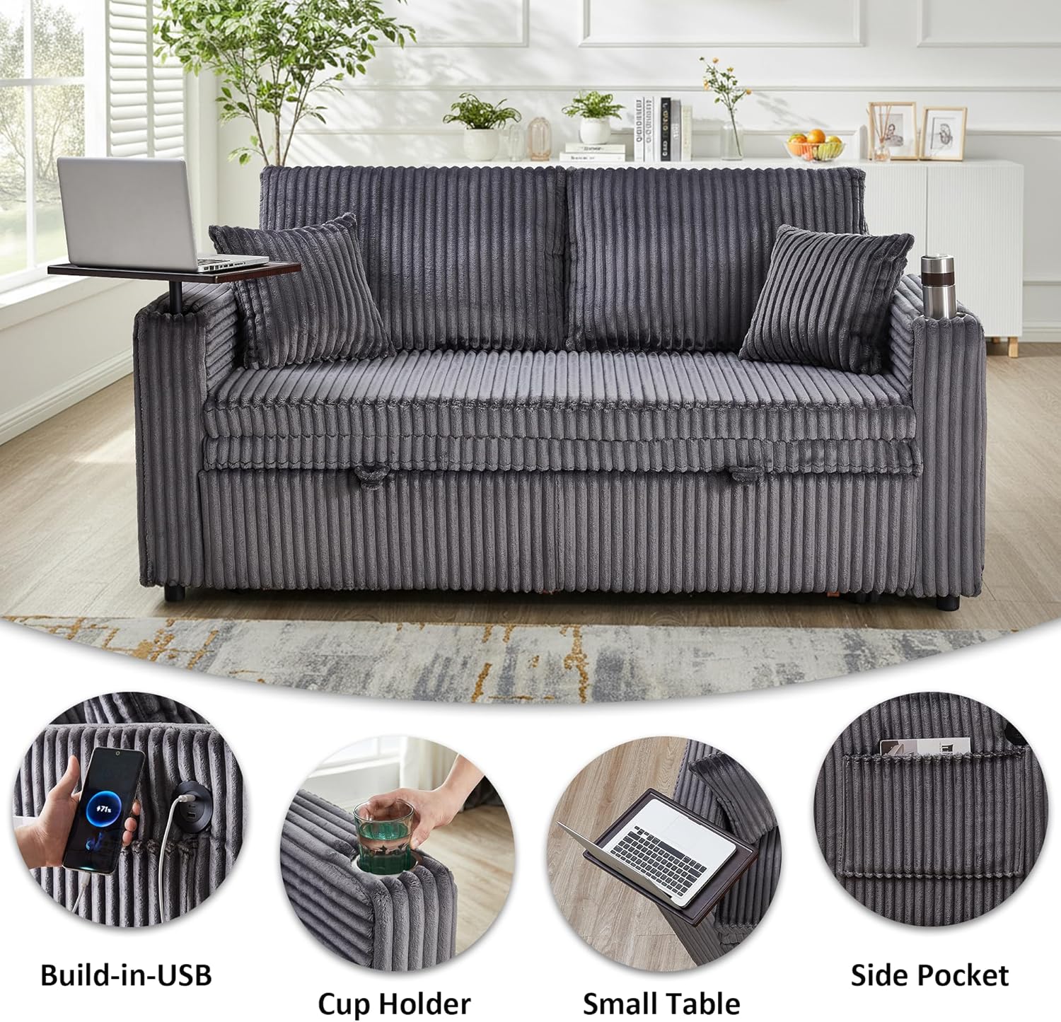 65in Sleeper Sofa Bed, Convertible Pull Out Couch with Small Table| USB Port | Cup Holder | Corduroy Fabric | Adjustable Backrest for Apartment, Office, Bedroom, Guest Room (AshGrey)