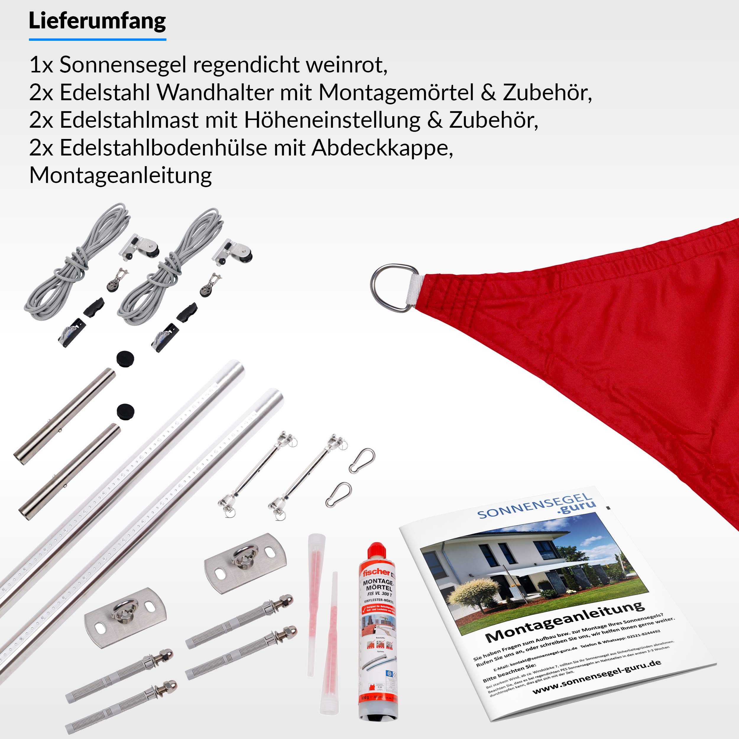 Toldoro Sonnensegel Komplettset Rechteck PES 2 Wandhalter / 2 Höhenverstellbare Edelstahlmasten Ø70x3mm 5x5m weinrot