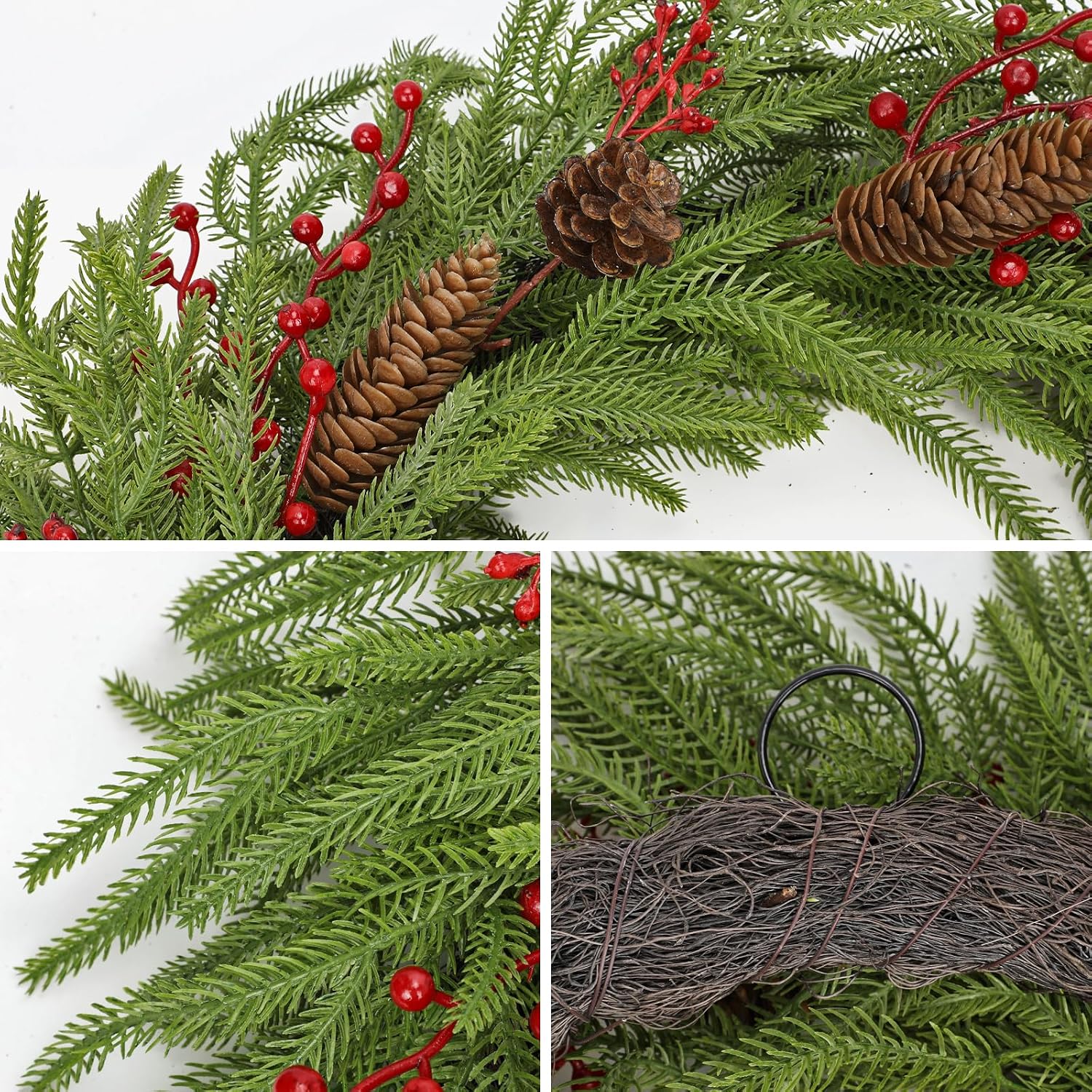 Condition photo showing New/Like New for 24 inch christmas norfolk pine wreath for front door artificial christmas wreath with pinecones red berries hanging loop green fake wreaths for wall window porch indoor outdoor xmas décor