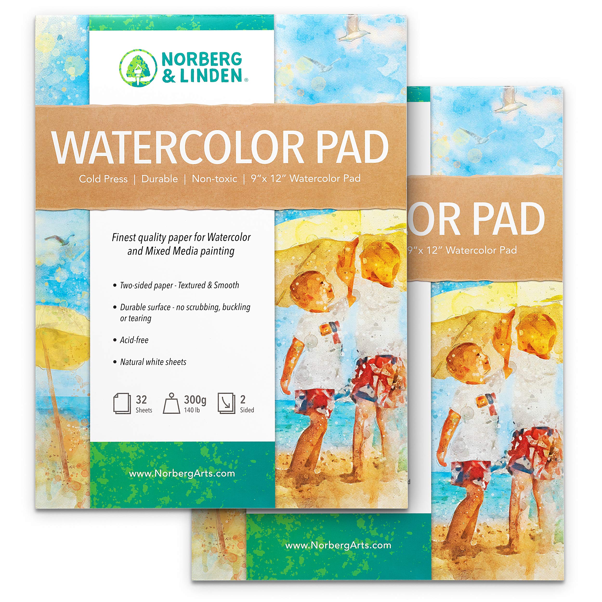 Norberg & Linden 64 Sheets Mixed Media Painting Watercolor Paper - 9" x 12" Paint Paper Sheets - Double-Sided - Ideal Texture for Painting, Coloring, Sketching - Cold Pressed, 300g - 2 Pad Count