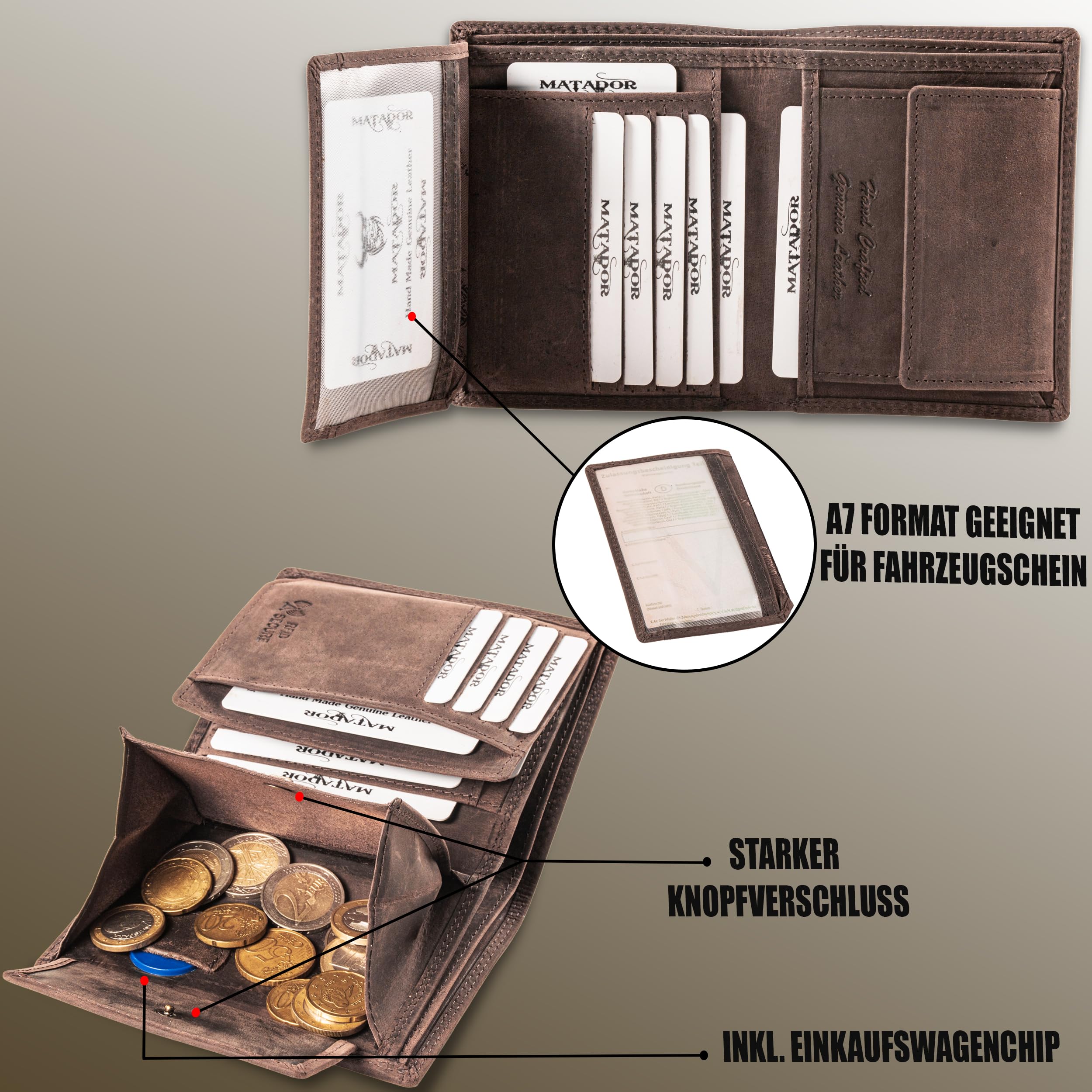 MATADOR Porte Monnaie Homme Cuir #Vigo avec élégante Boîte Cadeau, Luxe Porte Carte Homme RFID, Grand Portefeuille avec de Nombreux Compartiments à Cartes en Marron Foncé