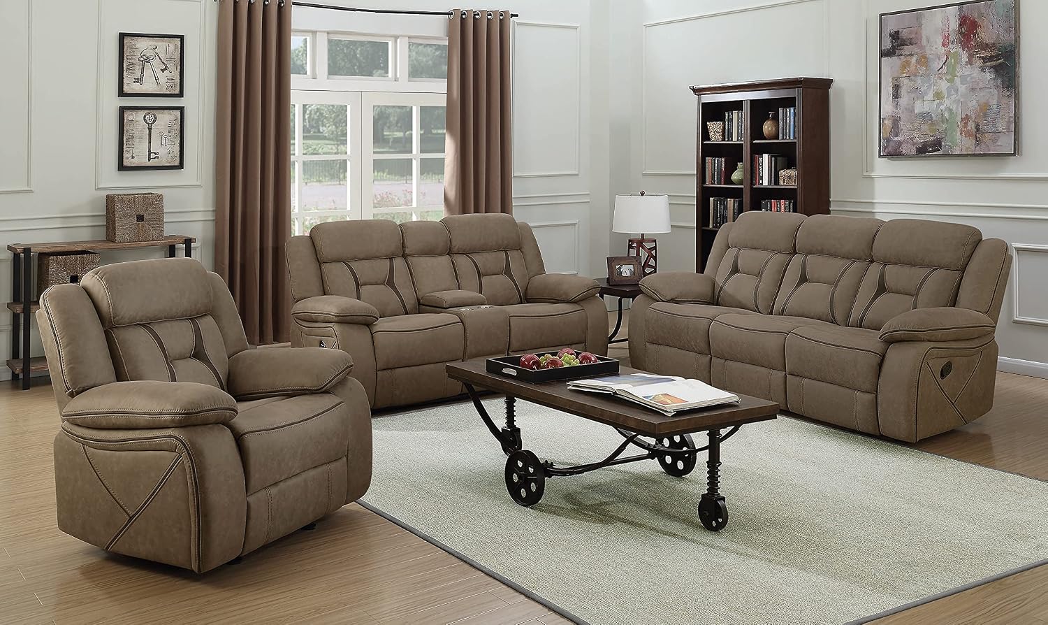 Coaster Home Furnishings Houston Motion Loveseat with Cupholder Storage Console Tan, tan finish (602265-CO)