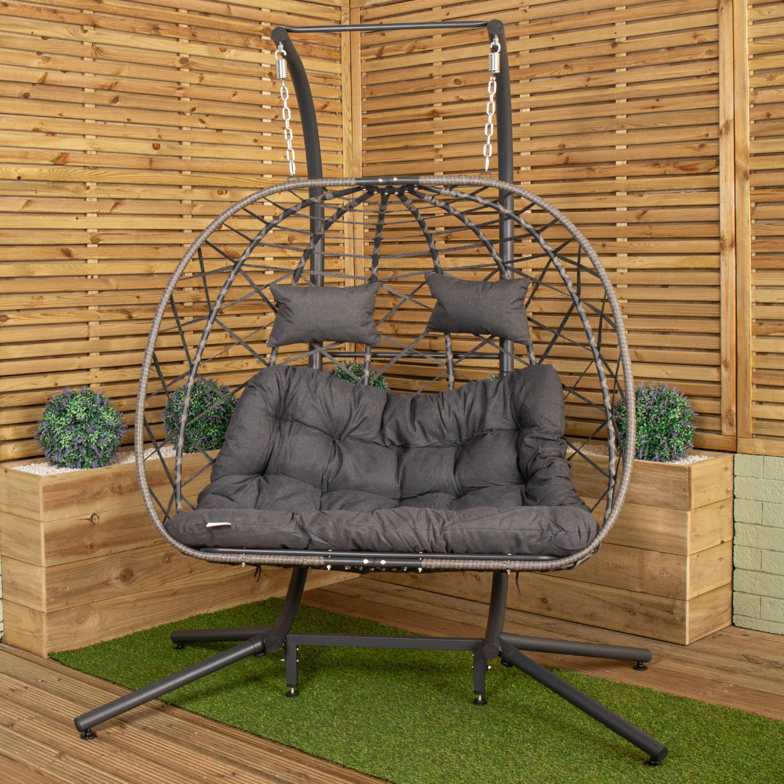 Grey Samuel Alexander 2 Seater Hanging Garden Rattan Egg Chair With Steel Frame And Waterproof Cover In