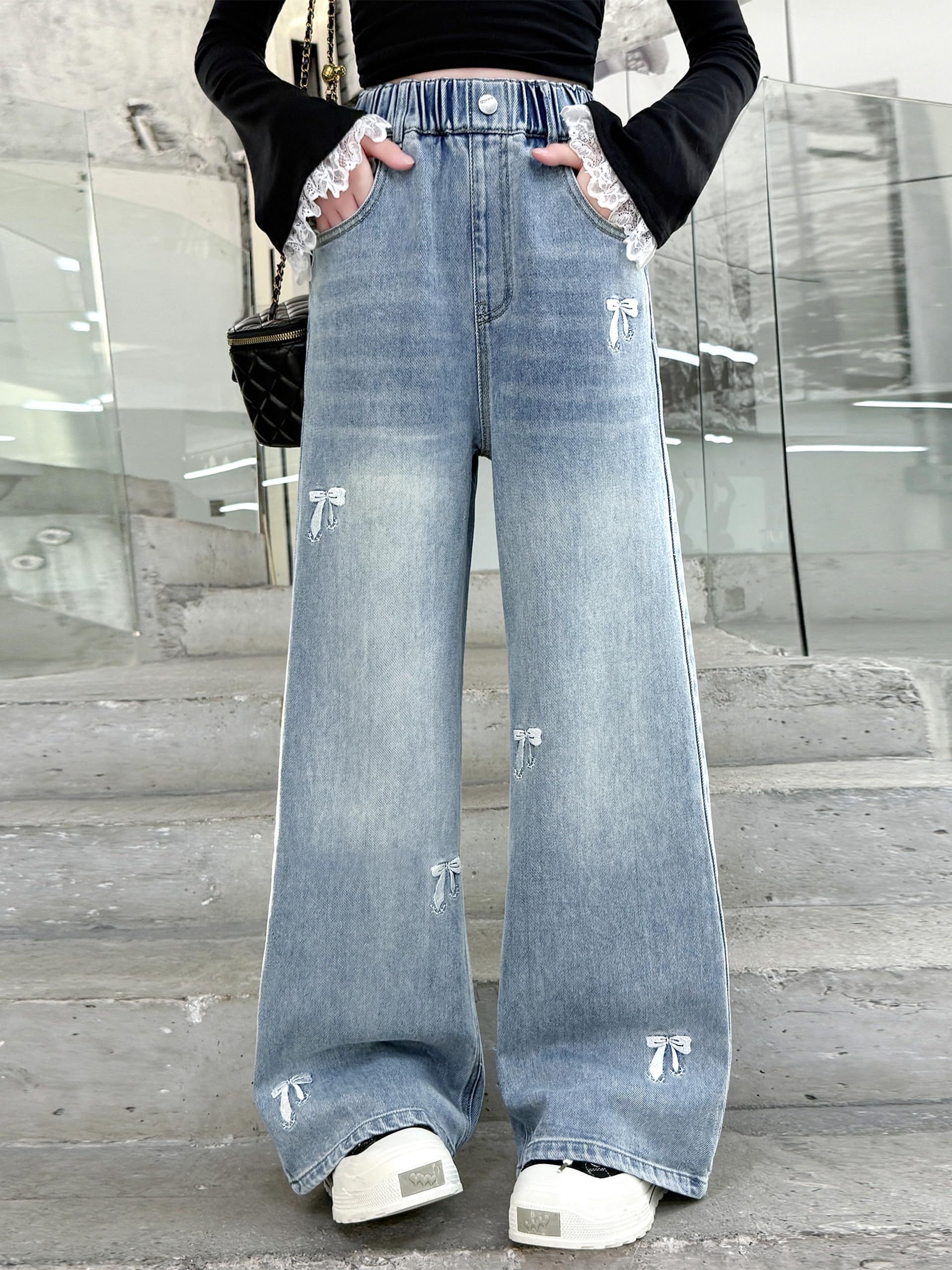 Rolanko Jean Baggy pour Filles, Taille Haute Élastique et Jambes Larges Pantalon en Denim de Bootcut Ample pour Enfants 6 à 15 Ans
