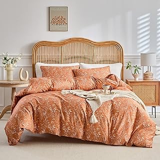 AMWAN Queen Size Comforter Set Burnt Orange, 3 Pieces Queen Terracotta Bedding Sets, Vintage Botanical Bedding Set, 1 Comforter with 2 Pillowcases, Aesthetic Floral Comforter Set for All Seasons