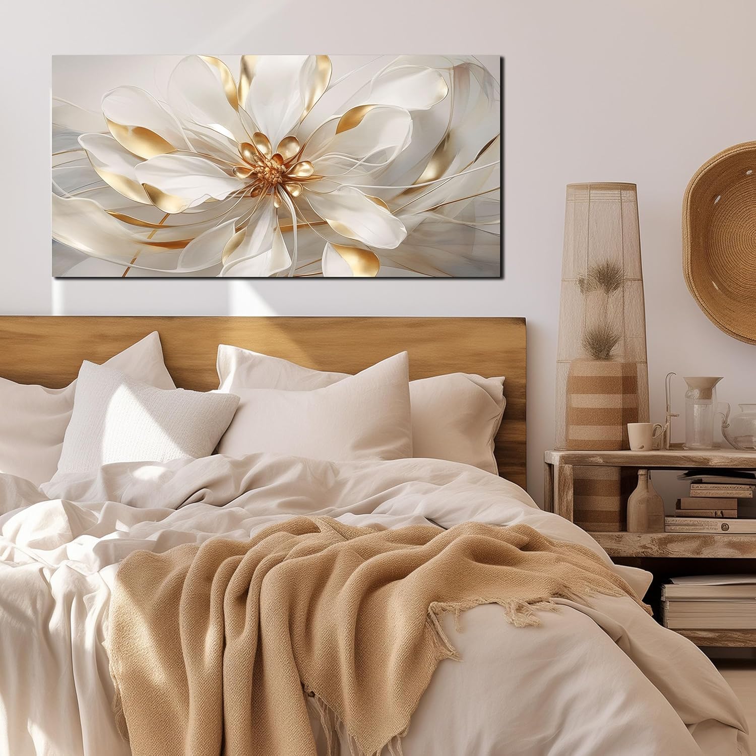 Fowers Wall Art for Bedroom Women White and Gold Wall Decor for Living Room Floral Art Print Wall Decoration 20 x 40 Inch