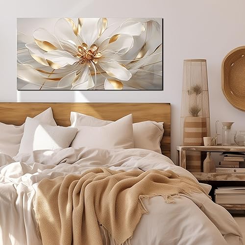 Miniatura 4 de Fowers - Arte de pared para dormitorio, decoración de pared blanca y dorada para sala de estar, impresión de arte floral, decoración de pared, 20 x