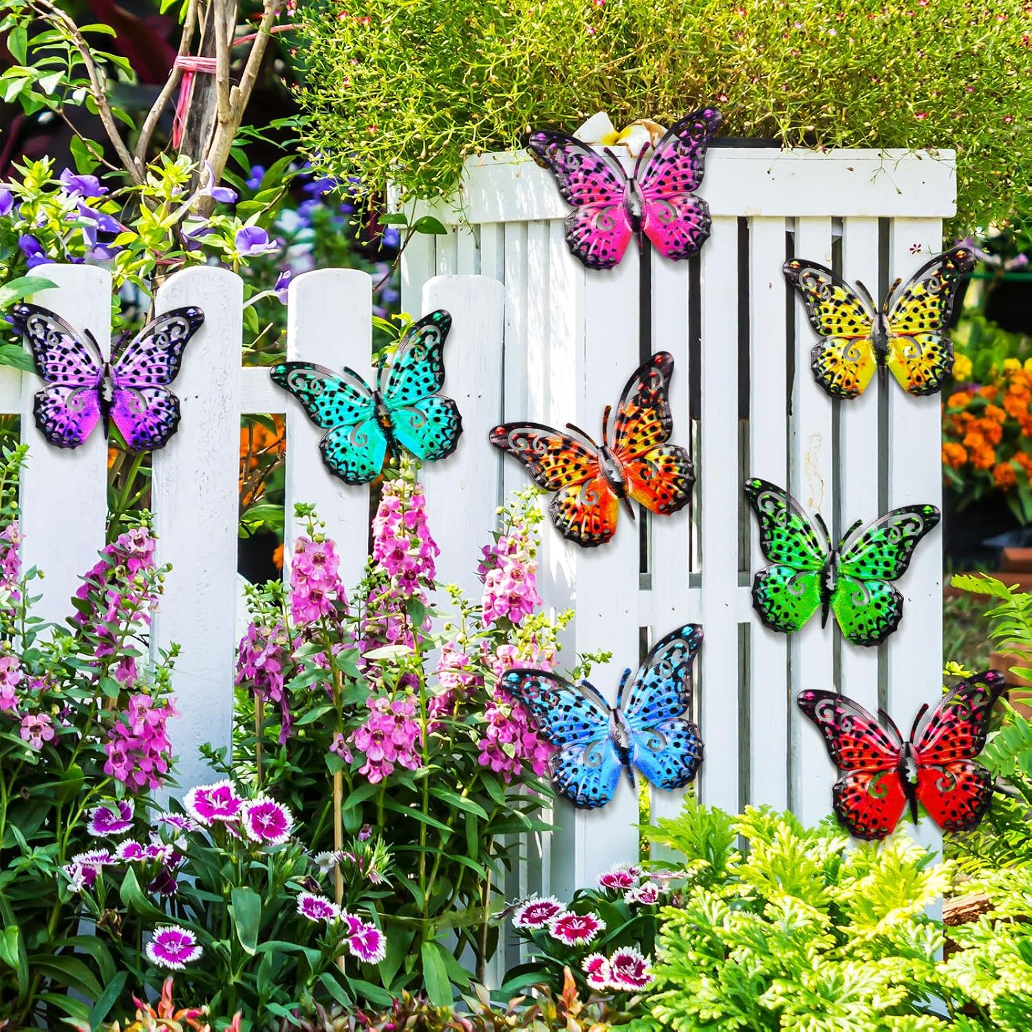 Jetec 8 Pcs Metal Butterfly Wall Decor 6.5 Inch Outdoor Butterflies Wall Art Sculpture 3D Butterfly Hanging Decoration for Spring Outside Fence Garden Yard Home Patio Balcony(Bright Style)