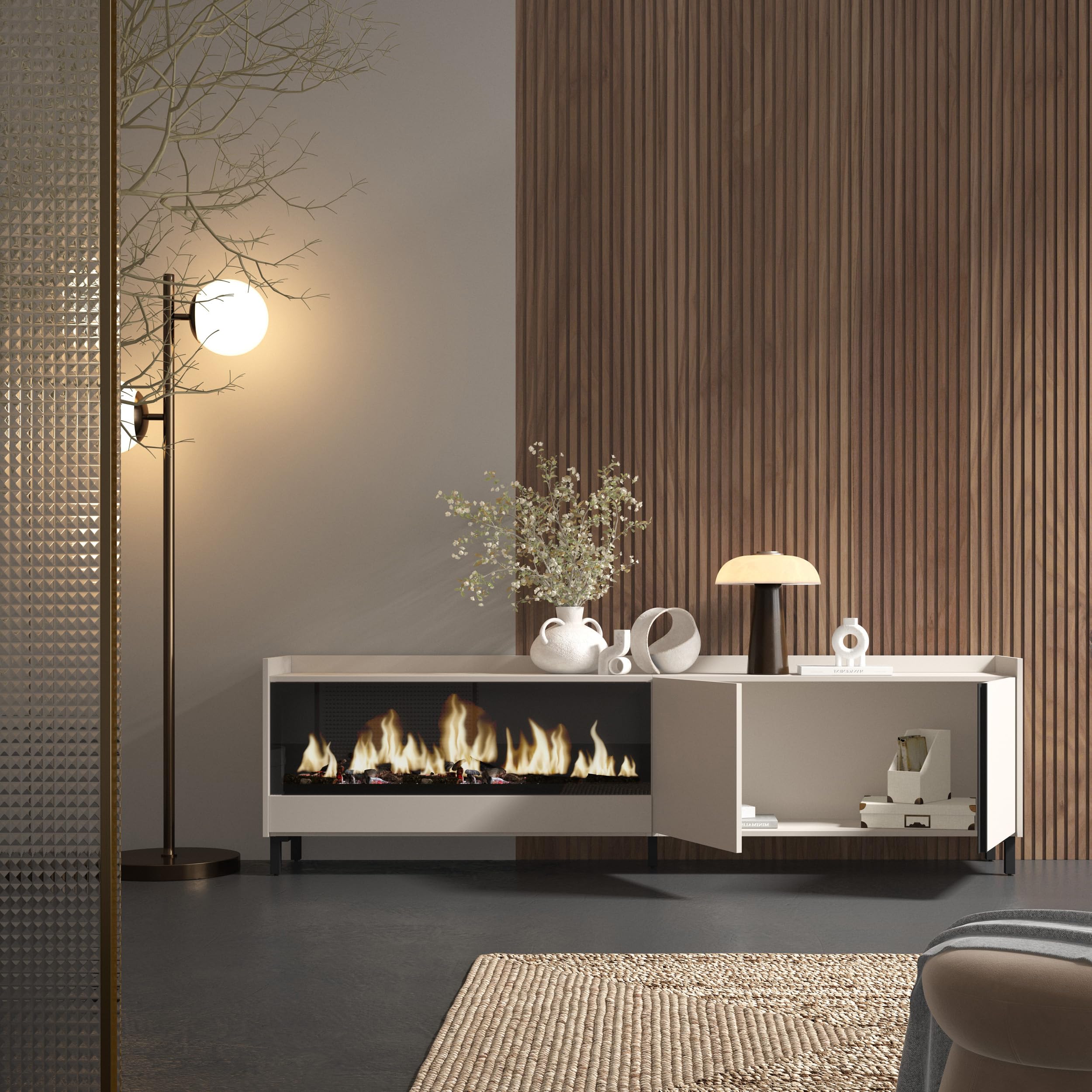 Skraut Home | Mueble TV | Muebles de salón, almacenaje | 212x61x35 cm | para televisión hasta 80" | Chimenea eléctrica XXL | Diseño Industrial | Estilo Moderno | Beige