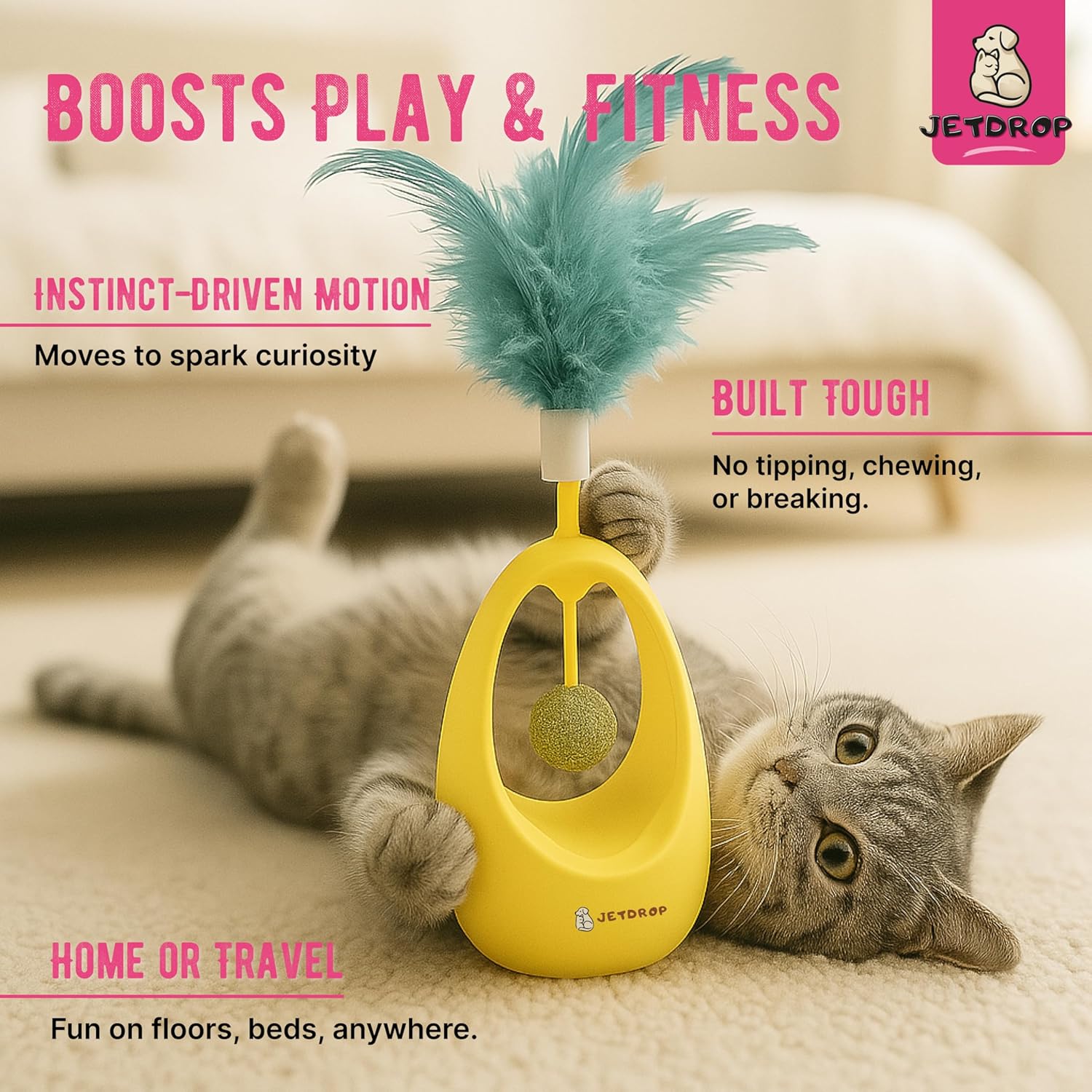 Cat Feather Toy - Interactive Self-Righting Wobble Tumbler with Catnip Ball for Indoor Cat Exercise and Entertainment - Silent Battery-Free - Perfect for Busy Owners (Green) image 3 of 6 B0DL92R2YV