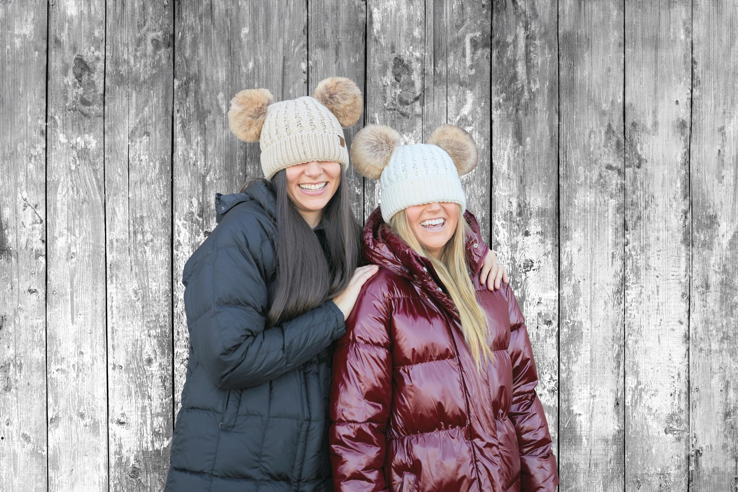 Funky Junque Beanie with 2 Pom Poms for Women, Warm Knit Hat with Faux Fur Puff Balls - Beige/Natural Faux Fur