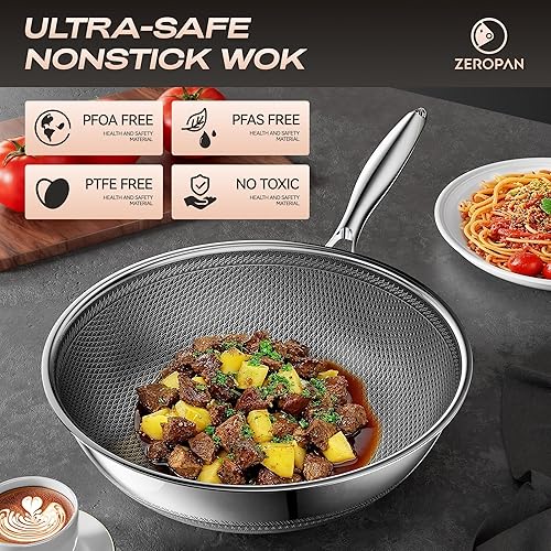 Miniatura 2 de ZEROPAN Wok Pan Hybrid Wok de 12 pulgadas con tapa, woks antiadherentes de acero inoxidable y sartenes para freír, lavavajillas hasta 12 pulgadas,