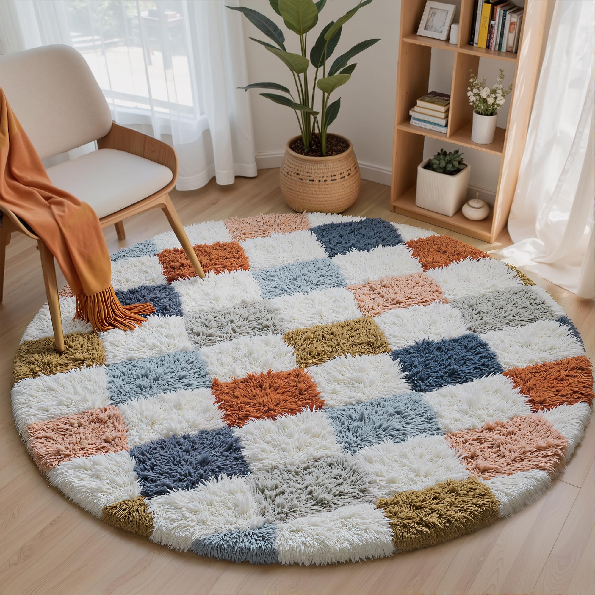 HUGEAR Alfombra Redonda 120cm Pelo Largo a Cuadros Blanco Colorido Suave Alfombras Antideslizante Modernas Habitacion Juvenil Pie de Cama Dormitorio Comedor Salón Cocina OEKO-TEX STANDARD 100