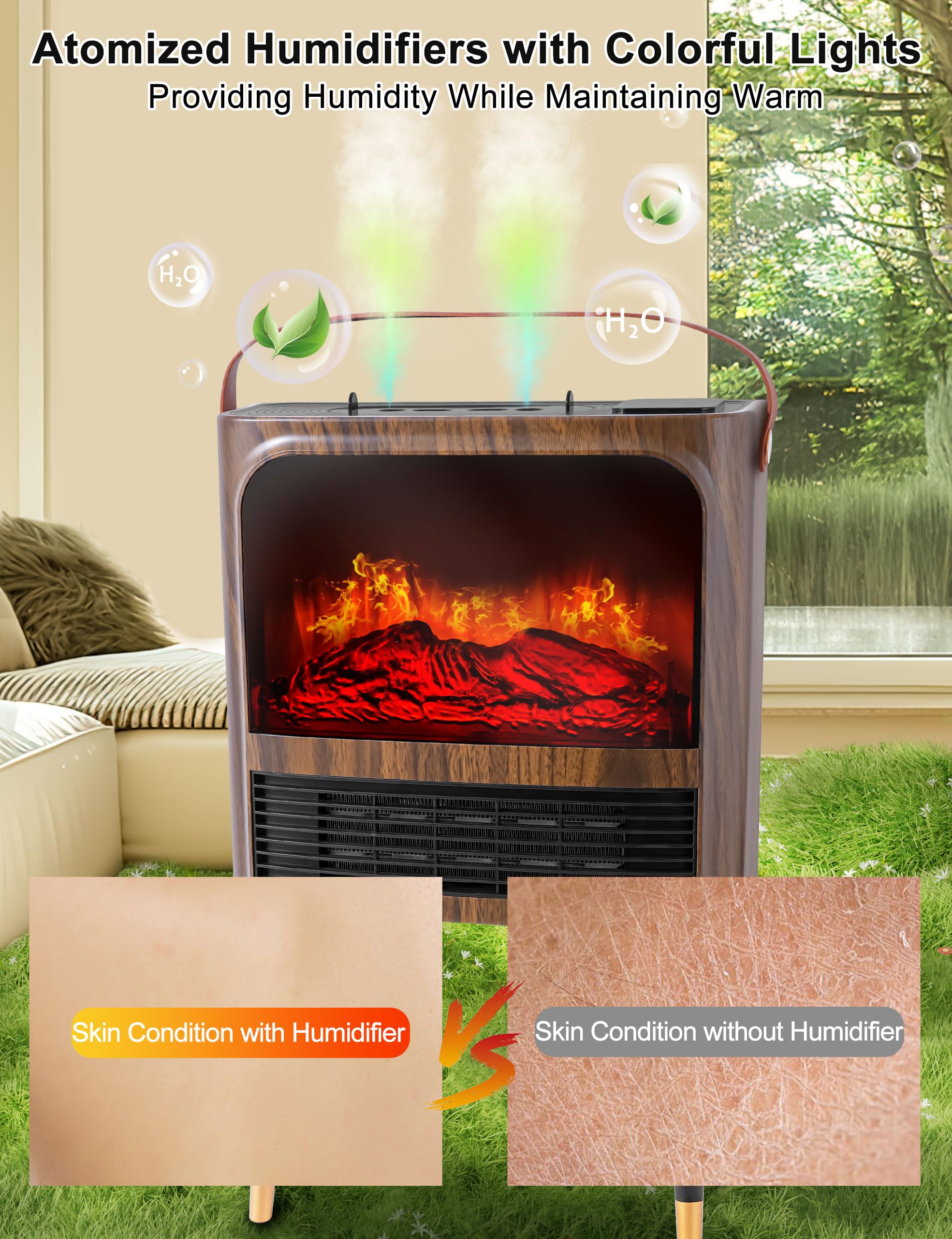 Calentador de chimenea eléctrico con llama realista 3D, humidificador, termostato, protección de seguridad, control remoto, temporizador, calentador de espacio eléctrico, calentador de chimenea 5