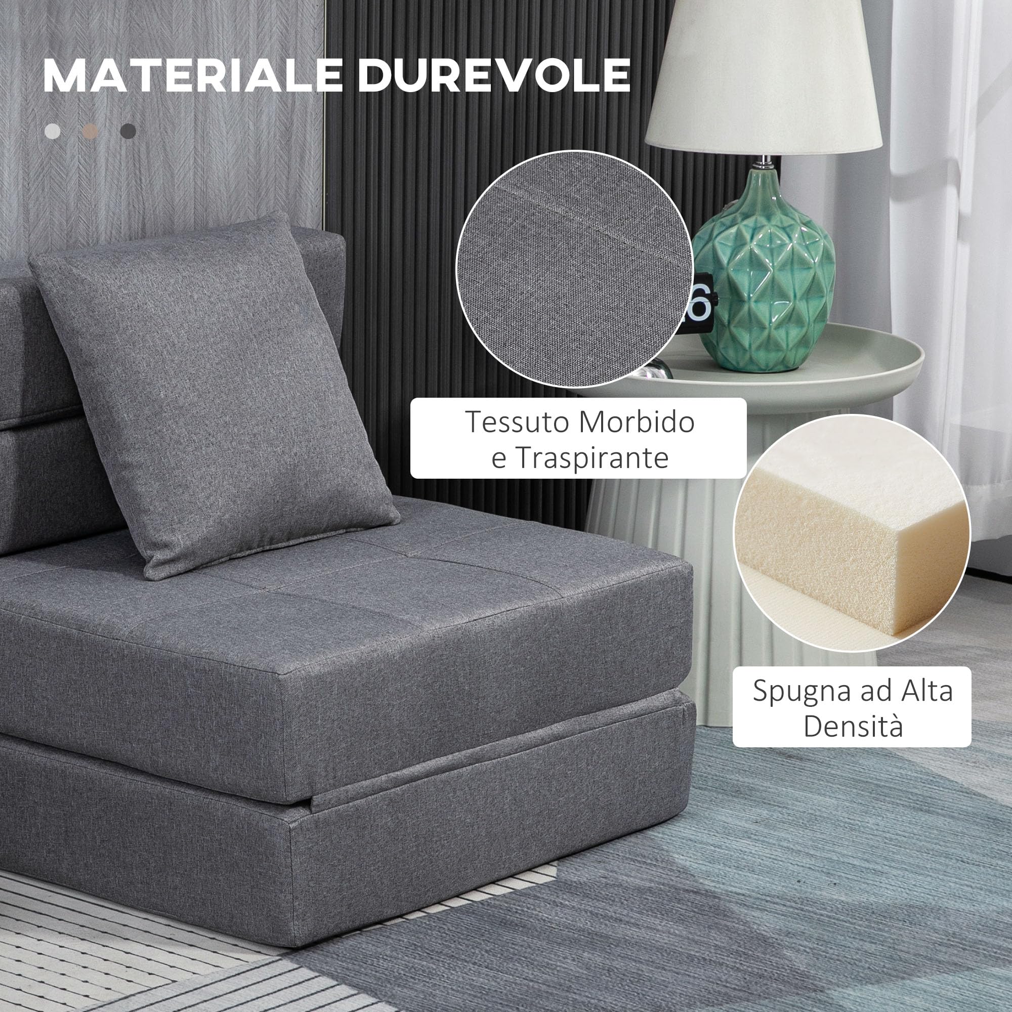 HOMCOM Divano Letto Futon Pieghevole 2 in 1 Convertibile con Cuscino Lavabile, Pouf Letto Singolo da Terra Poltrona Letto Salvaspazio in Tessuto Cotone Traspirante per Casa Yoga Lettura, Grigio Chiaro