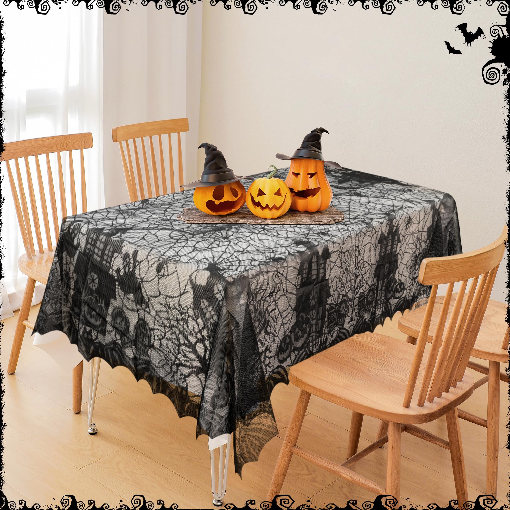 Creaher 53X68in-Castle Tablecloth Halloween Tablecloth Halloween Spider Web Table Cloth - 53X68in Black Lace Table Topper Halloween Bat Cobweb Pumpkin Table Cover Fireplace Scarf Table Cloth For Buffet Table Door Window Decor