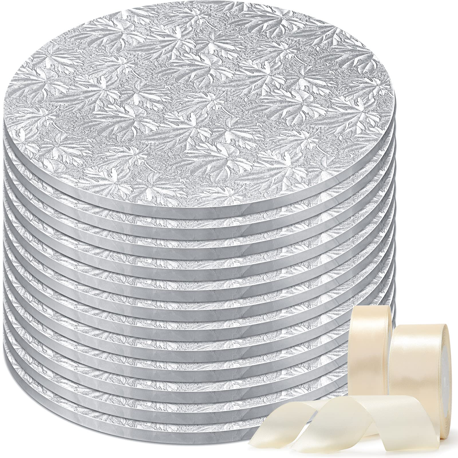 12 Pack 10 inch Cake Drum Round 3mm Thick Silver Cake Board with 2 Roll 1.6/1 in Satin Ribbon Sturdy Greaseproof Wooden Base for Wedding Birthday