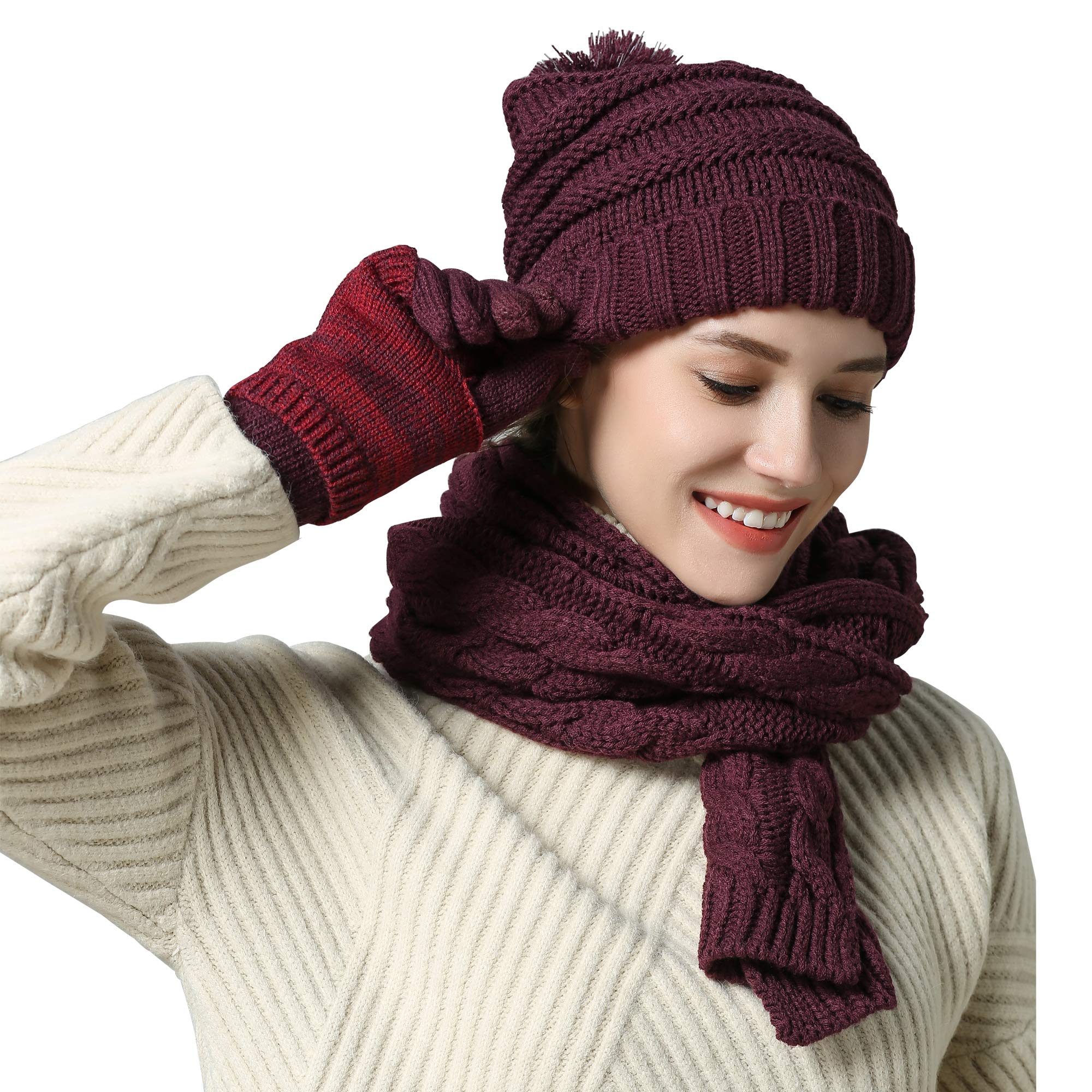Ensemble Hiver Femme : Bonnet, écharpe Et Gants Tricotés Avec Pompons - Doublure Polaire, Cadeau Chaud Et Stylé