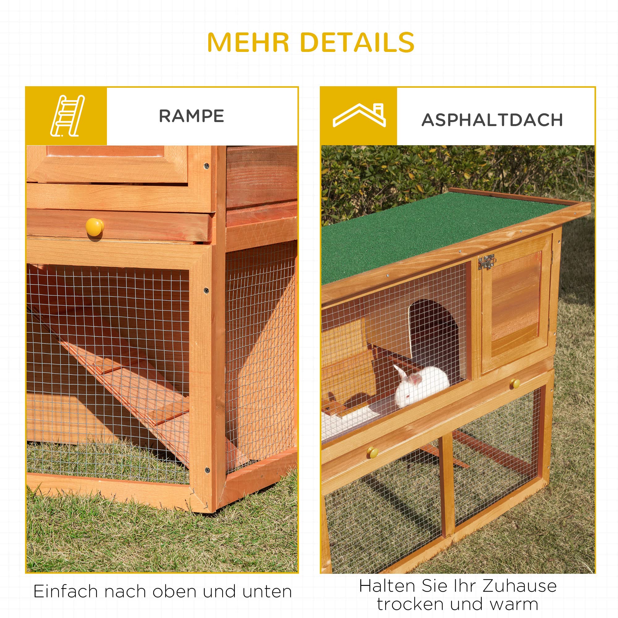 PawHut Hasenstall 2 Etagen Kaninchenstall aus Holz 90x45x80 cm Kaninchenkäfig mit wetterfest aufklappbar Bitumendach Freilaufgehege Rampe Tür Bodenwanne Hasenkäfig für Zwergkaninchen Outdoor Orange