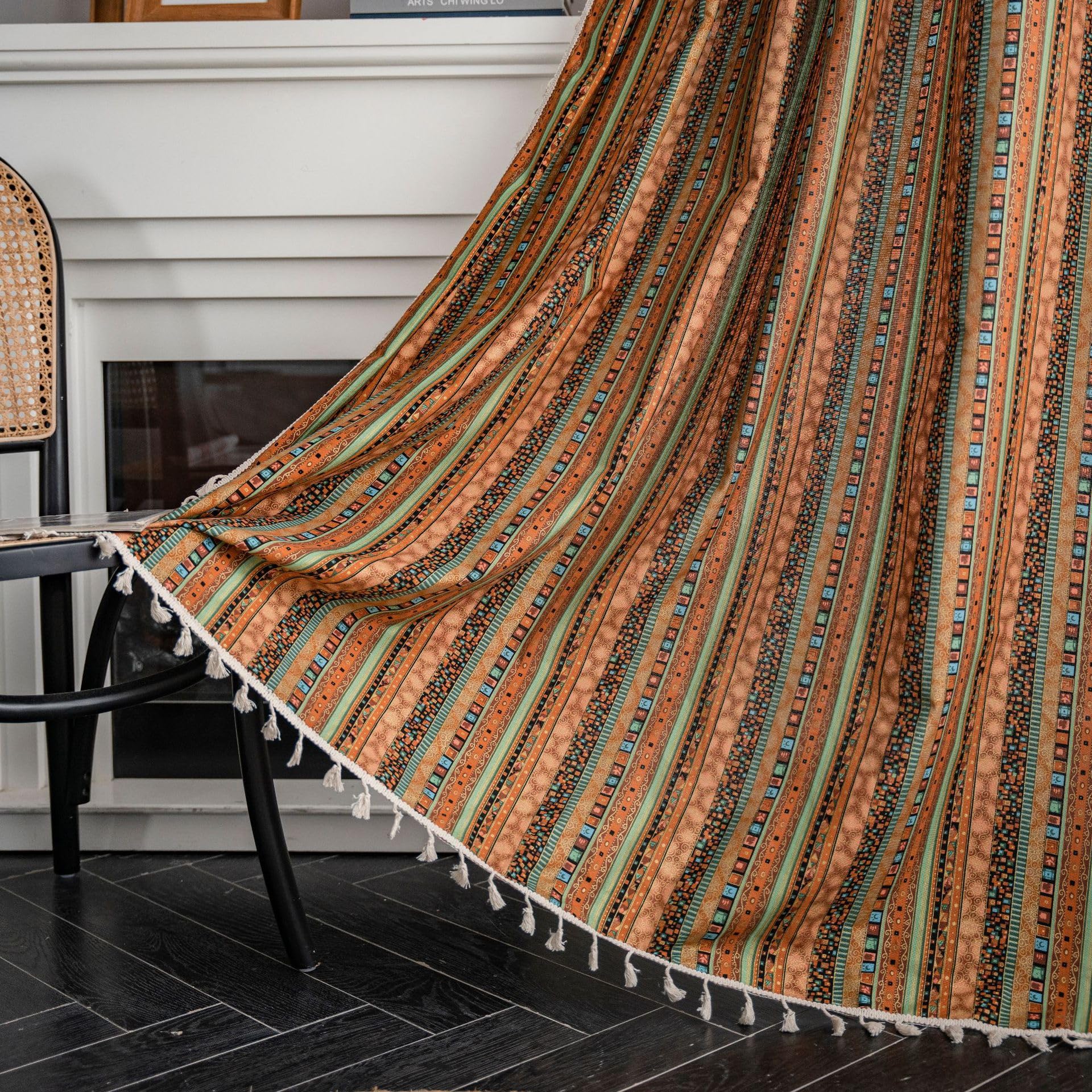 Plancholo Boho Semi Blackout Curtain 87 Inches Long for Bedroom Living Room Bohemian Striped Print Cotton Linen Window Curtain Panel with Tassels Rod Pocket Drape (1 Panel, 59" W x 87" L, Yellow)