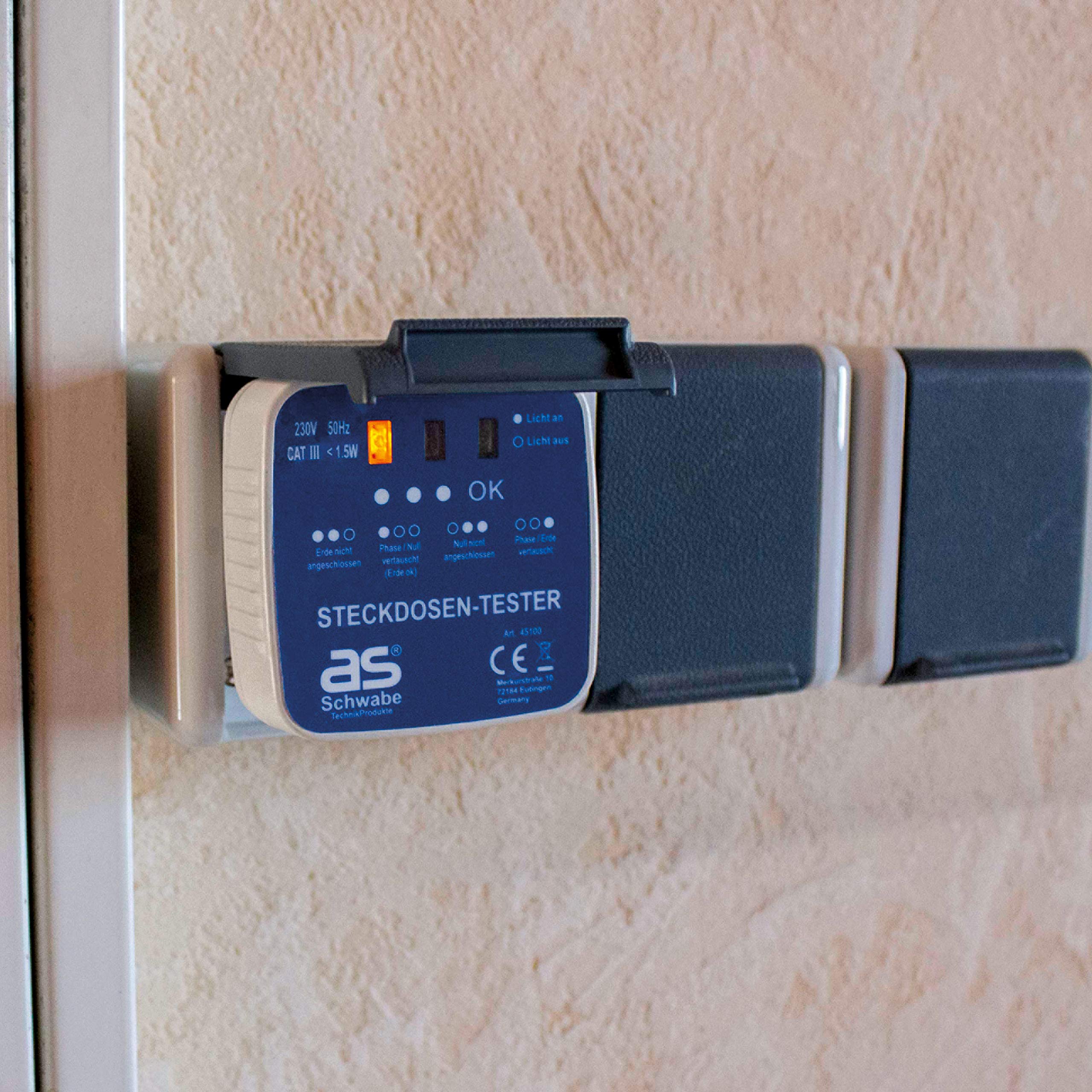 as - Schwabe comprobador enchufes Schuko - conector de diagnóstico con indicador luminoso - comprueba el cableado correcto en Tomas de corriente de 230 V - comprobador de circuitos, 45100