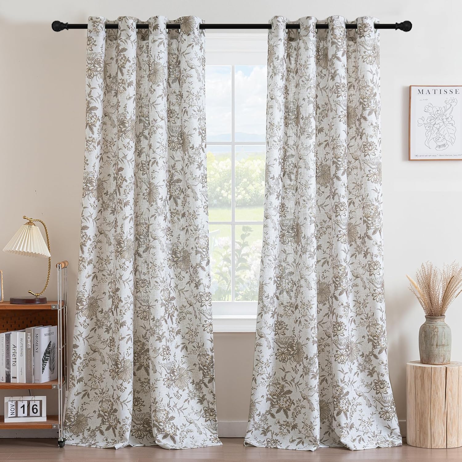 H.VERSAILTEX Linen Blend Curtains for Living Room Printed Floral Curtain Grommet Farmhouse Flower Patterned Drapes Window Treatment Panels Set of 2 Panels, 52" W x 96" L, Iberra Sesame - Taupe
