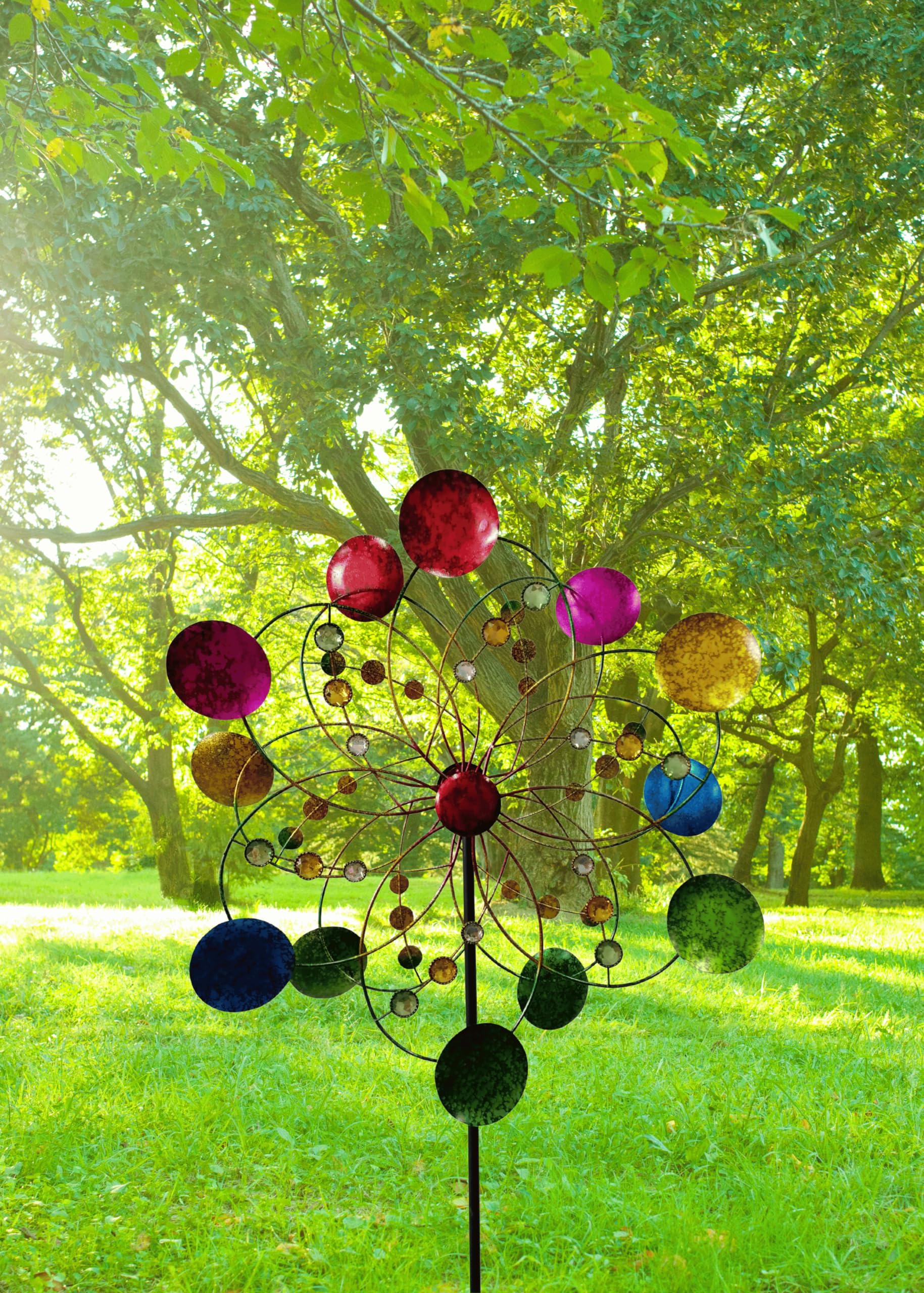 Windrad Windspiel Mehrfarbig aus Metall als Gartenstecker Höhe 160 cm Durchmesser 64 cm