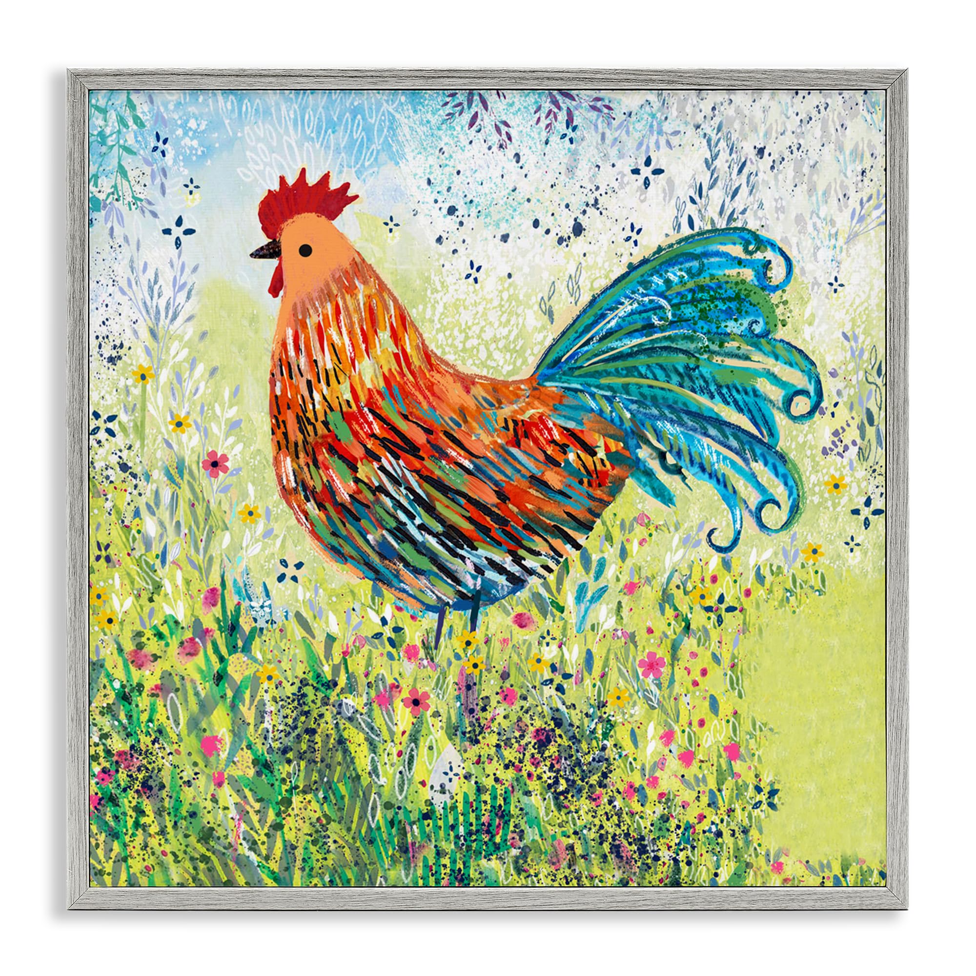 Stupell Industries Cockerel Rooster in Colorful Garden Gray Framed Giclee Art, design by Clare Tupper, 17 x 17
