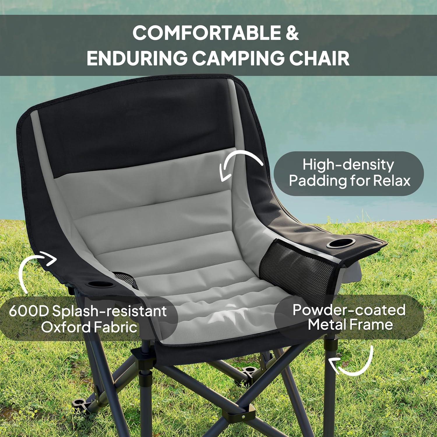 Outsunny Double Camping Chair for Adults, Padded Folding Camp Chair for 2 Person with Armrest, Wine Glass Holder, Cup Holder, Carry Bag for Outdoor Sports, Picnics, Supports up to 552 lbs.