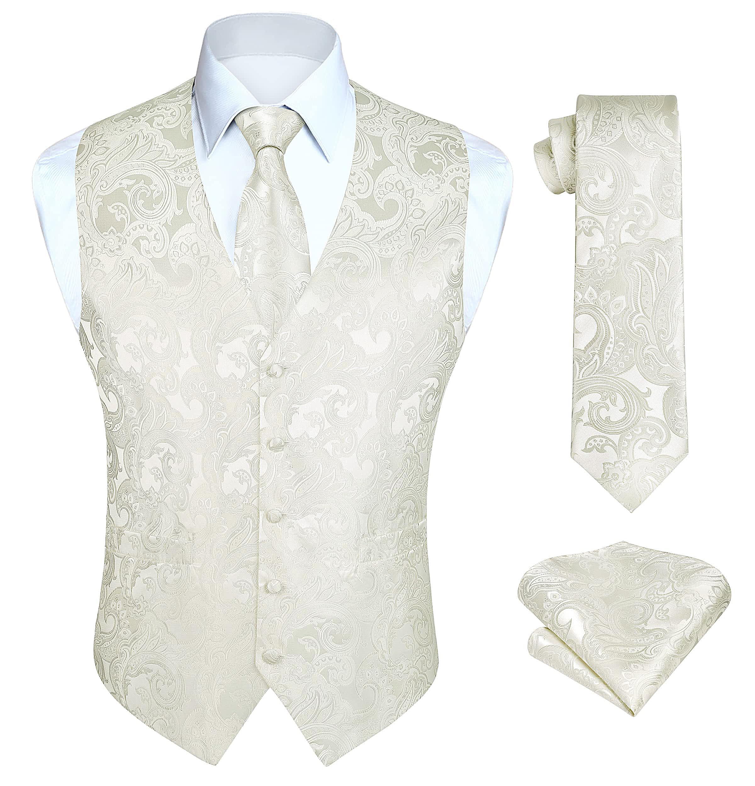 HISDERN Mens Vest Tie Set 3PC Formal Waistcoat Paisley Floral Jacquard Necktie Pocket Square Suit Vests Wedding Party