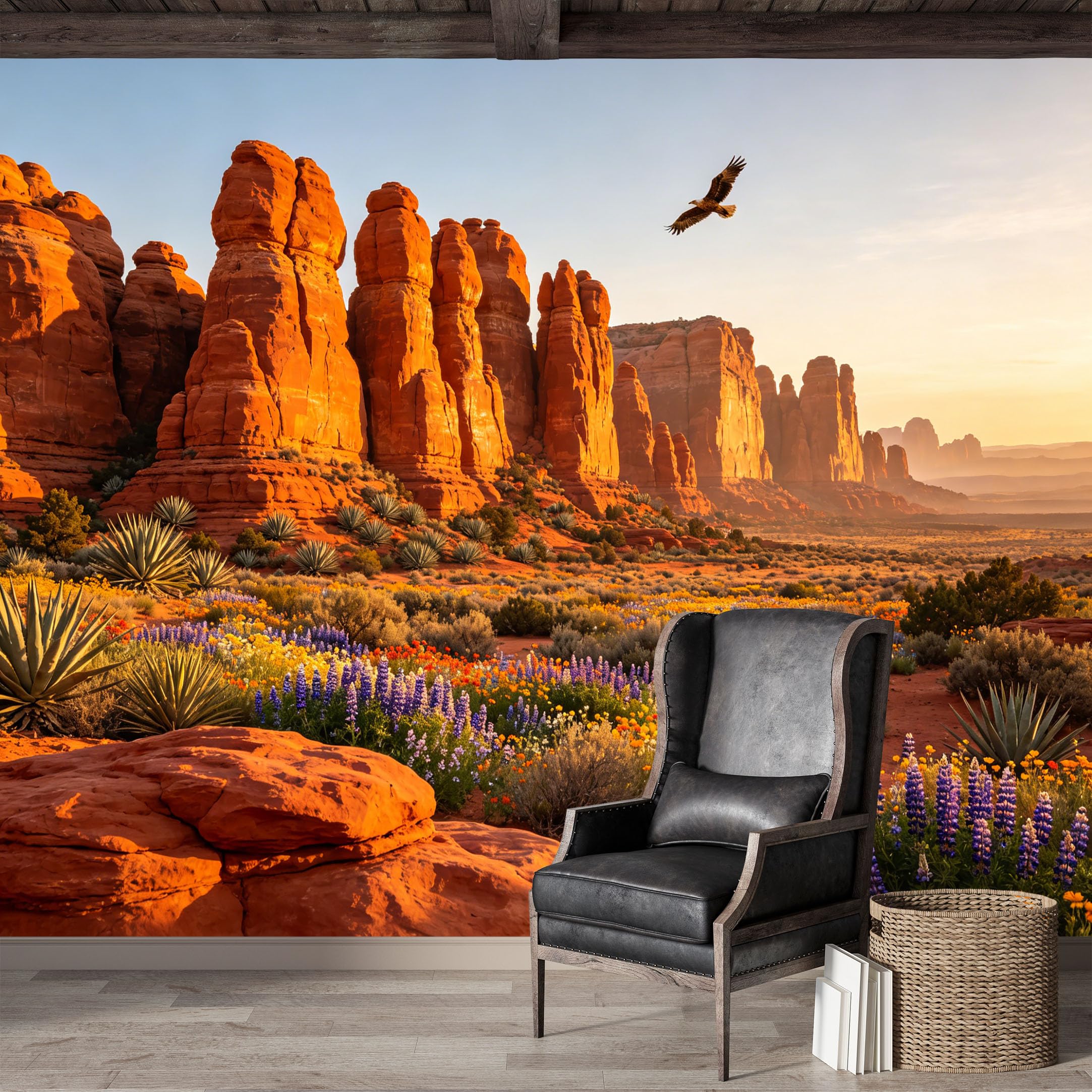 Custom Size Wall Mural,Desert Canyon Landscape with Eagle and Wildflowers Oil Painting Premium Water Activated SelfAdhesive Wallpaper,Removable Wall Covering for Indoor Home Decor