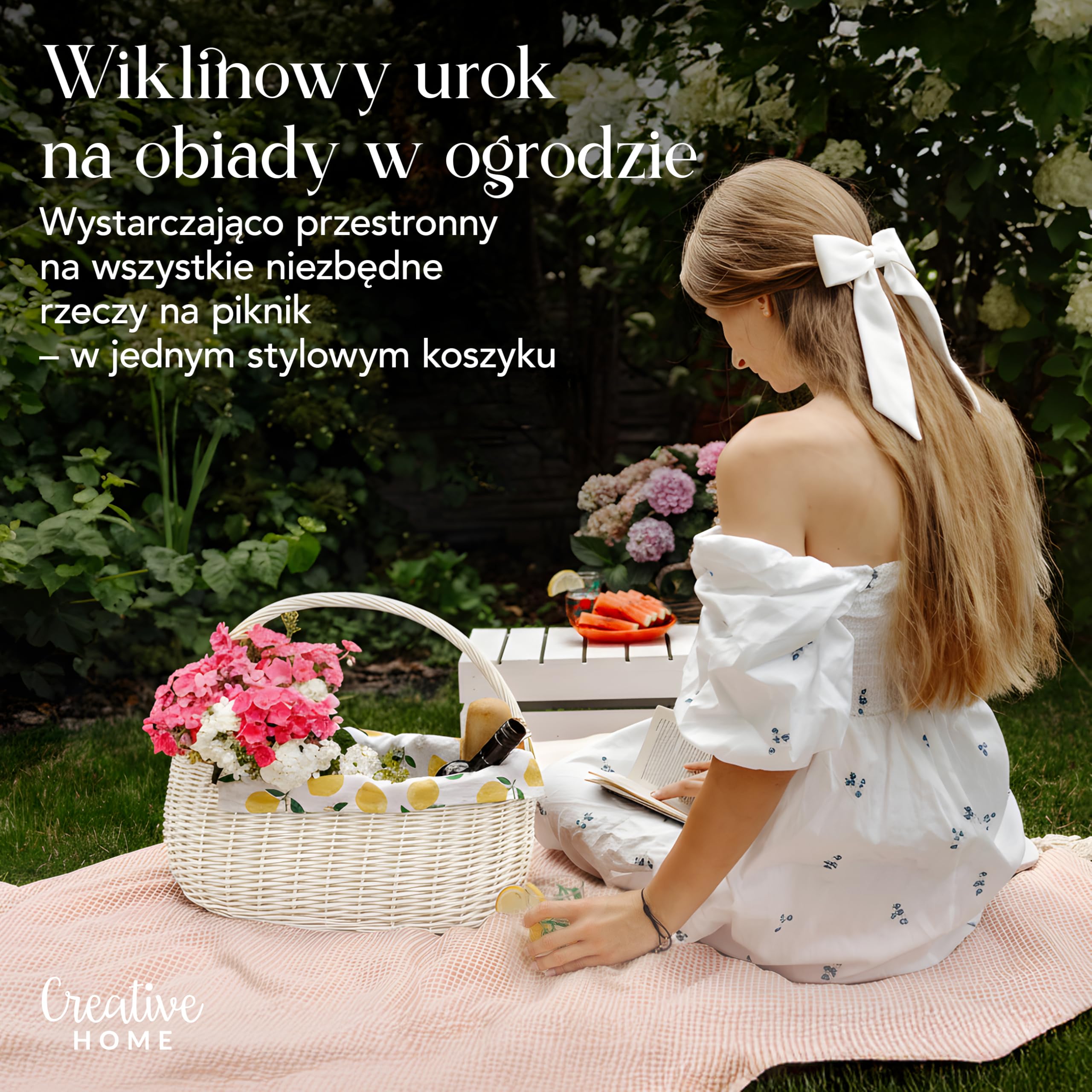 Creative Home Kosz Wiklinowy Piknikowy z Rączką na Zakupy Biały 42x32x40cm | (+/-1cm) | Duży i Lekki | Ręcznie Wyplatany | Naturalny Brąz | Uniwersalny i Wytrzymały